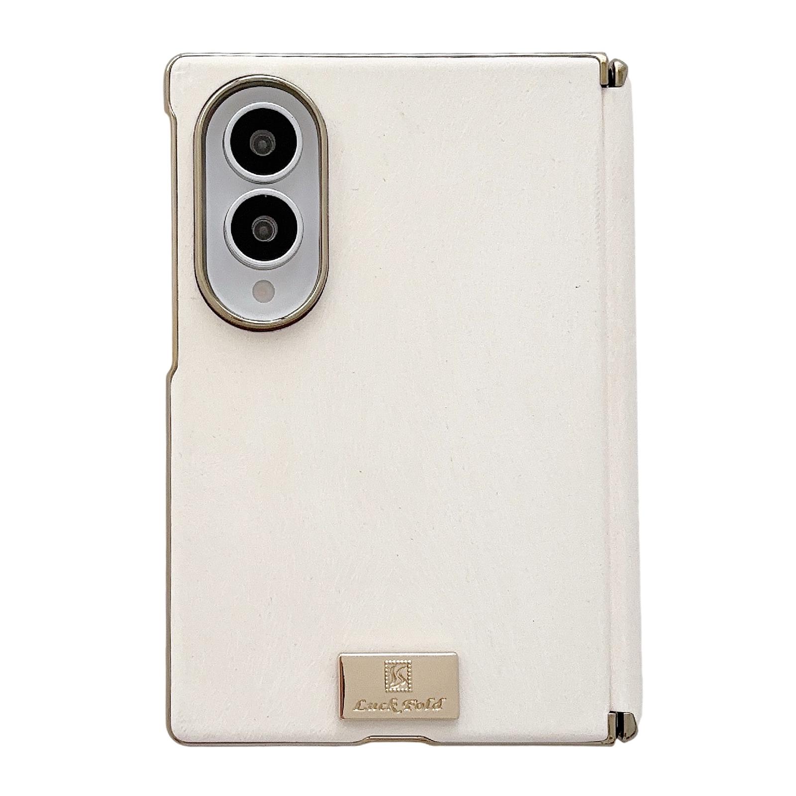 For Galaxy Z Fold8 5G Nameplate Electroplated Central Axis Magnetic Silk Textured Leather Phone Case(White) - Shopkiz.com