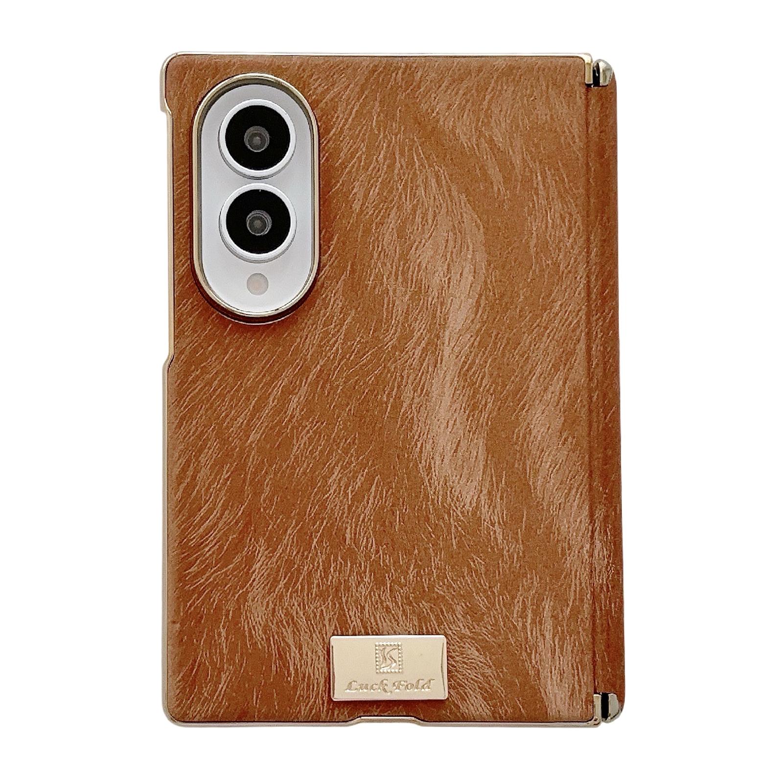 For Galaxy Z Fold8 5G Nameplate Electroplated Central Axis Magnetic Silk Textured Leather Phone Case(Brown) - Shopkiz.com