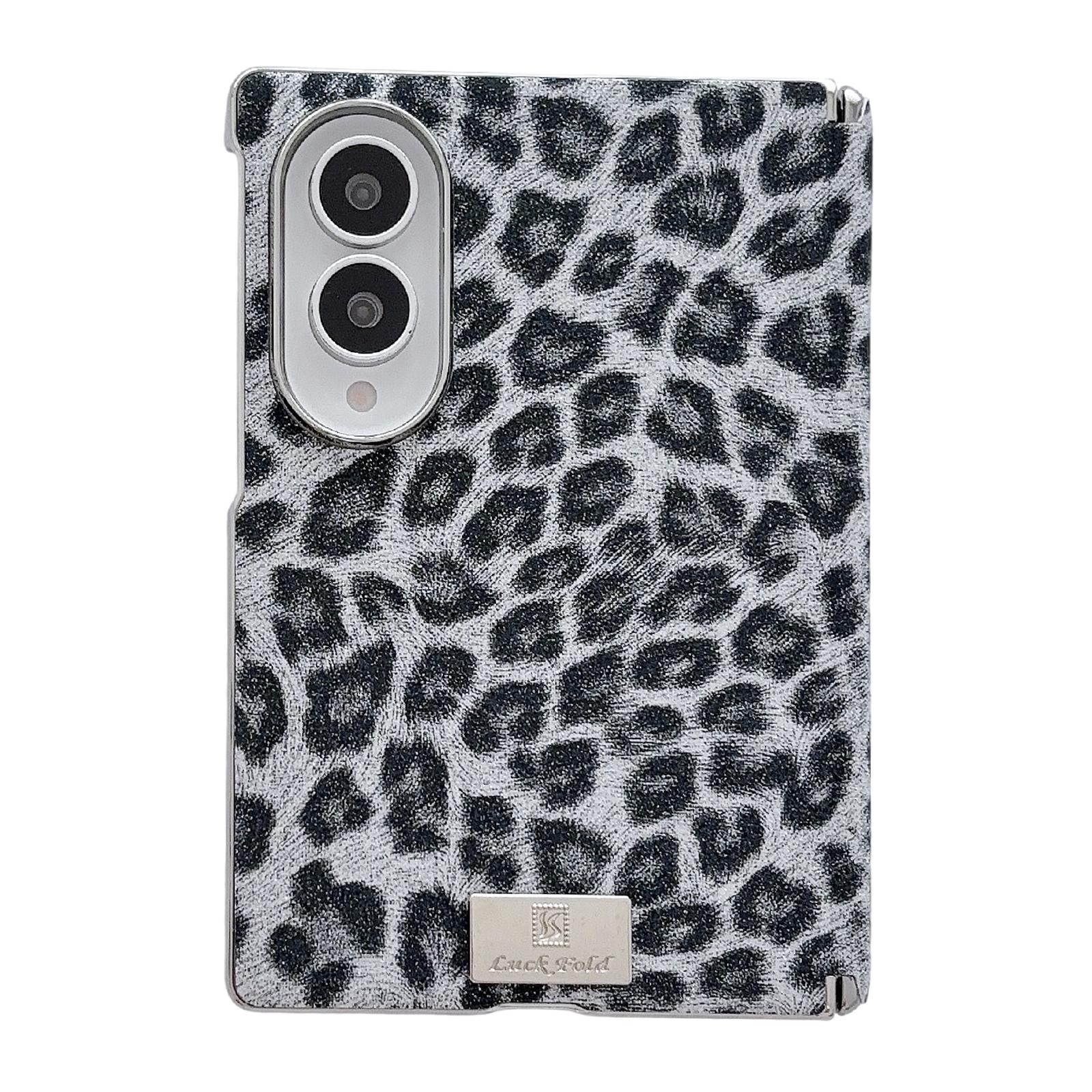 For Galaxy Z Fold8 5G Nameplate Electroplated Central Axis Magnetic Silver Fog Leopard Print Phone Case(Black) - Shopkiz.com