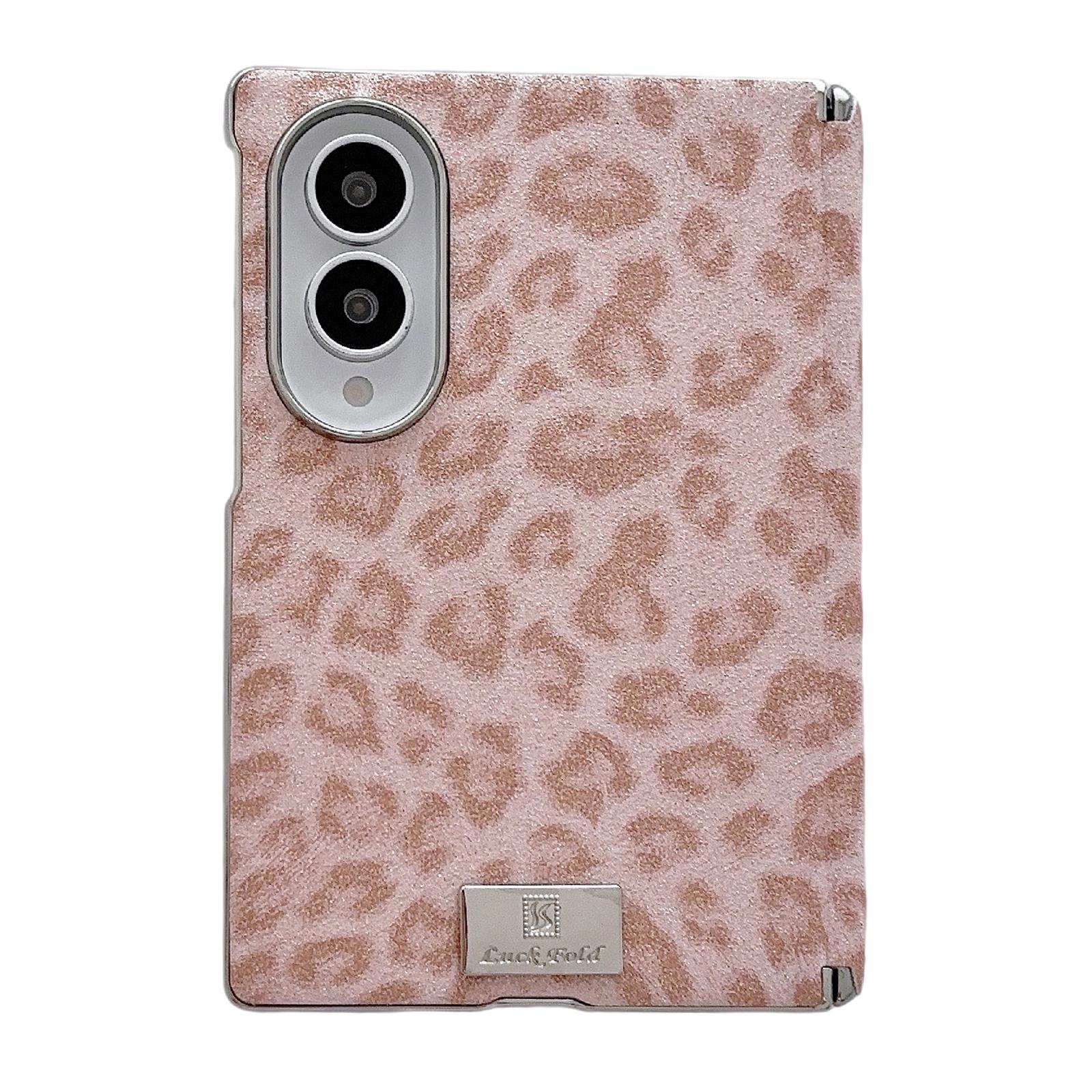 For Galaxy Z Fold8 5G Nameplate Electroplated Central Axis Magnetic Silver Fog Leopard Print Phone Case(Pink) - Shopkiz.com