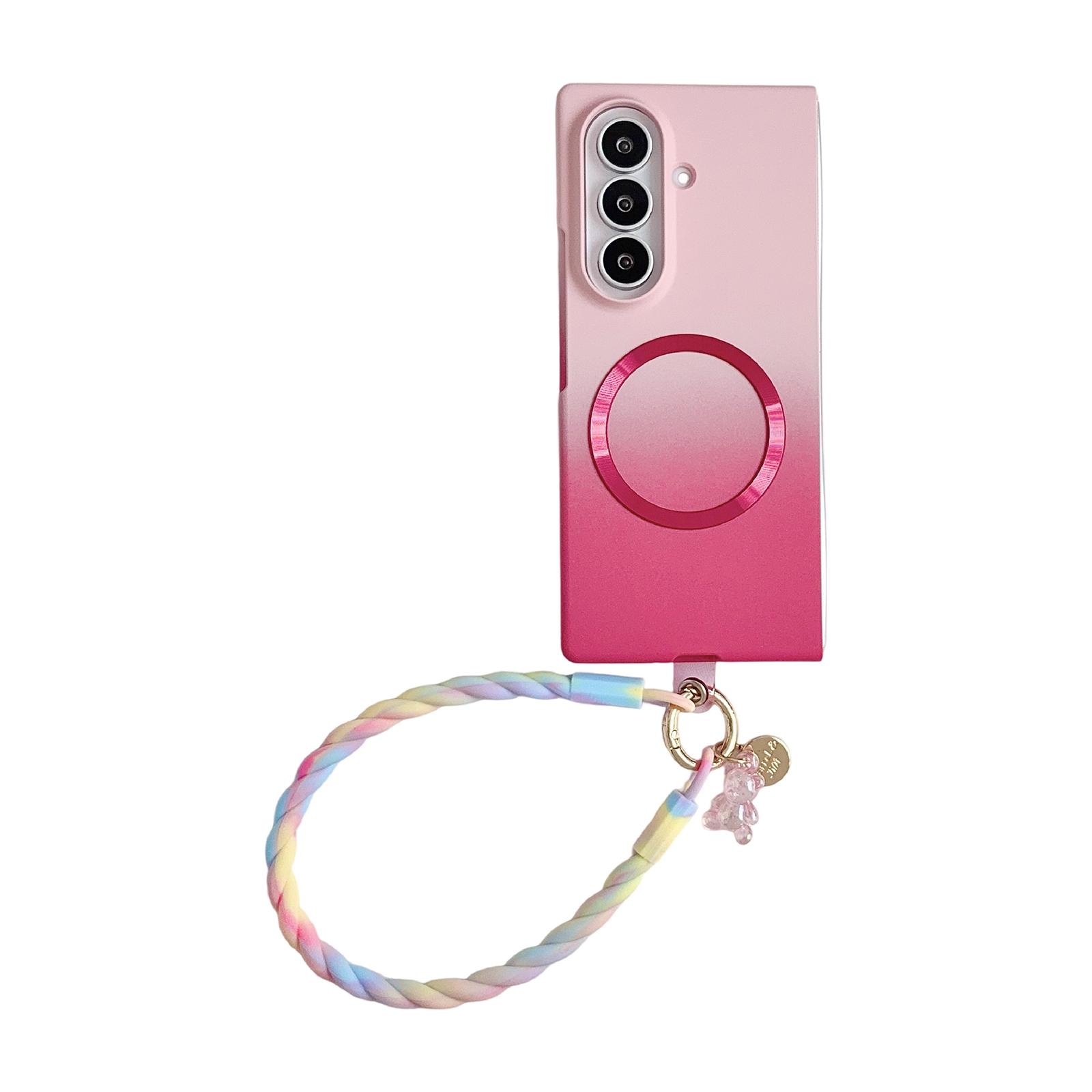 For Galaxy Z Fold6 5G Skin Feel Gradient Rose Pink Magnetic Phone Case with DIY Wrist Strap - Shopkiz.com