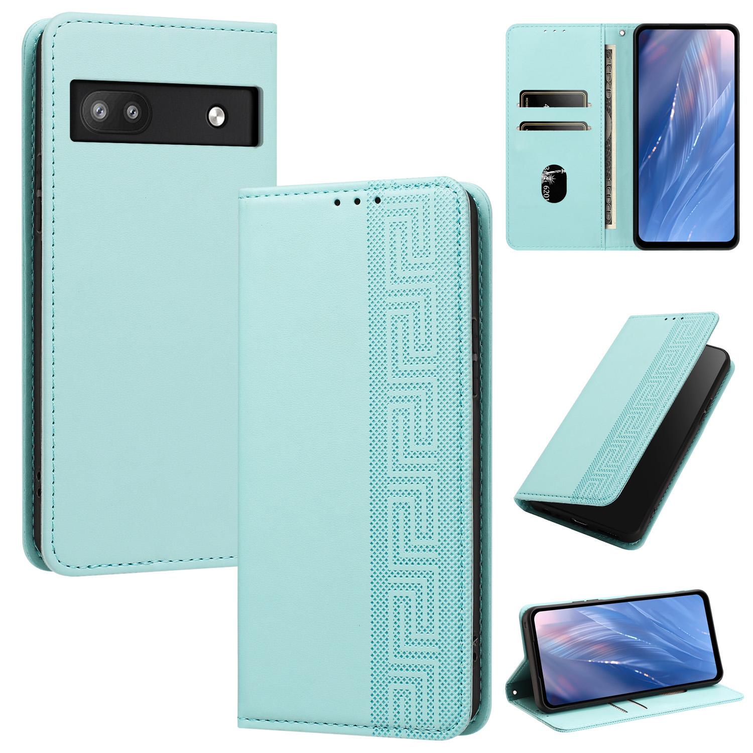 For Google Pixel 6a Embossed Meander Pattern RFID Vegan Leather Phone Case(Mint Green) - Shopkiz.com