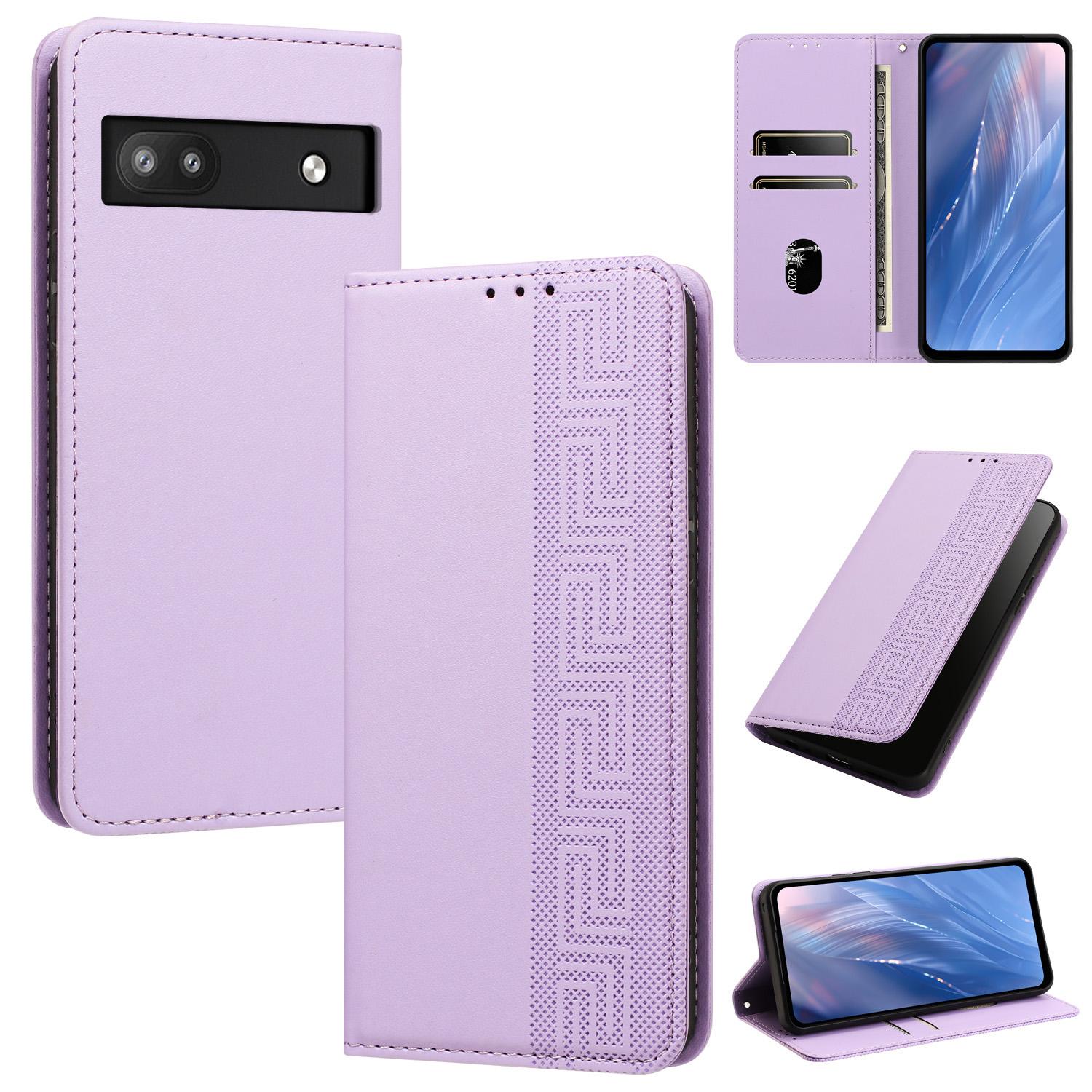 For Google Pixel 6a Embossed Meander Pattern RFID Vegan Leather Phone Case(Light Purple) - Shopkiz.com