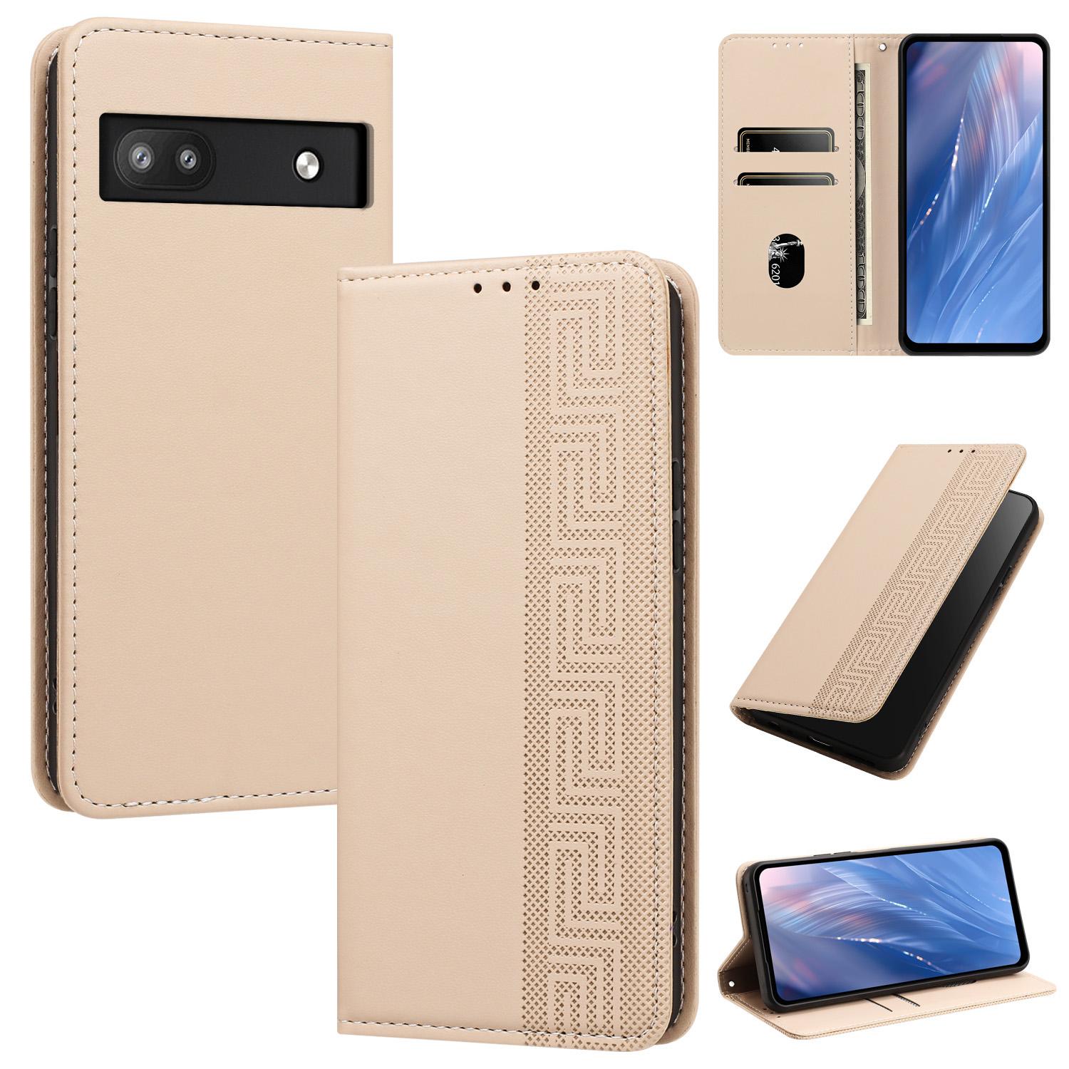 For Google Pixel 6a Embossed Meander Pattern RFID Vegan Leather Phone Case(Beige) - Shopkiz.com
