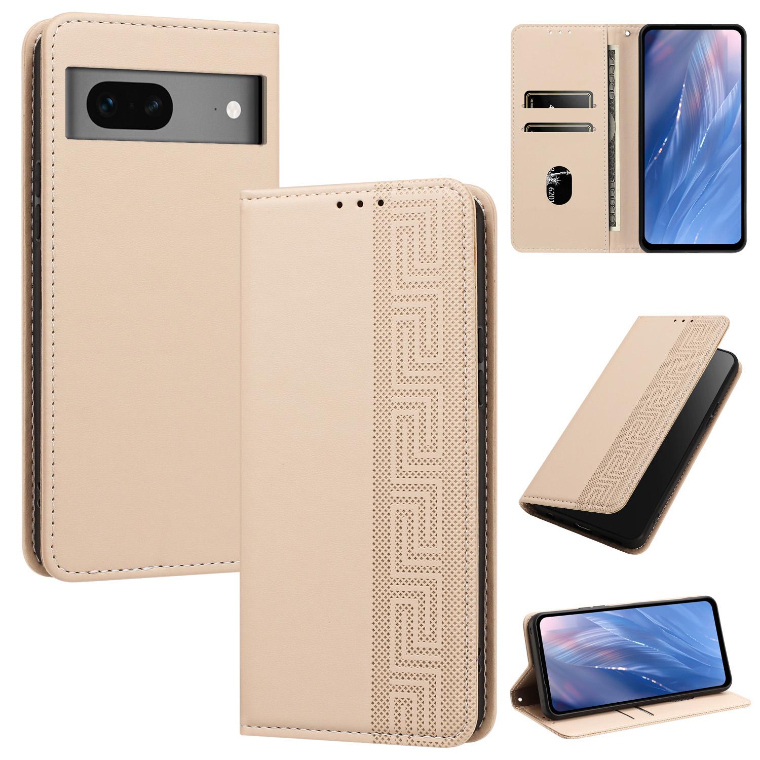 For Google Pixel 7 Embossed Meander Pattern RFID Vegan Leather Phone Case(Beige) - Shopkiz.com
