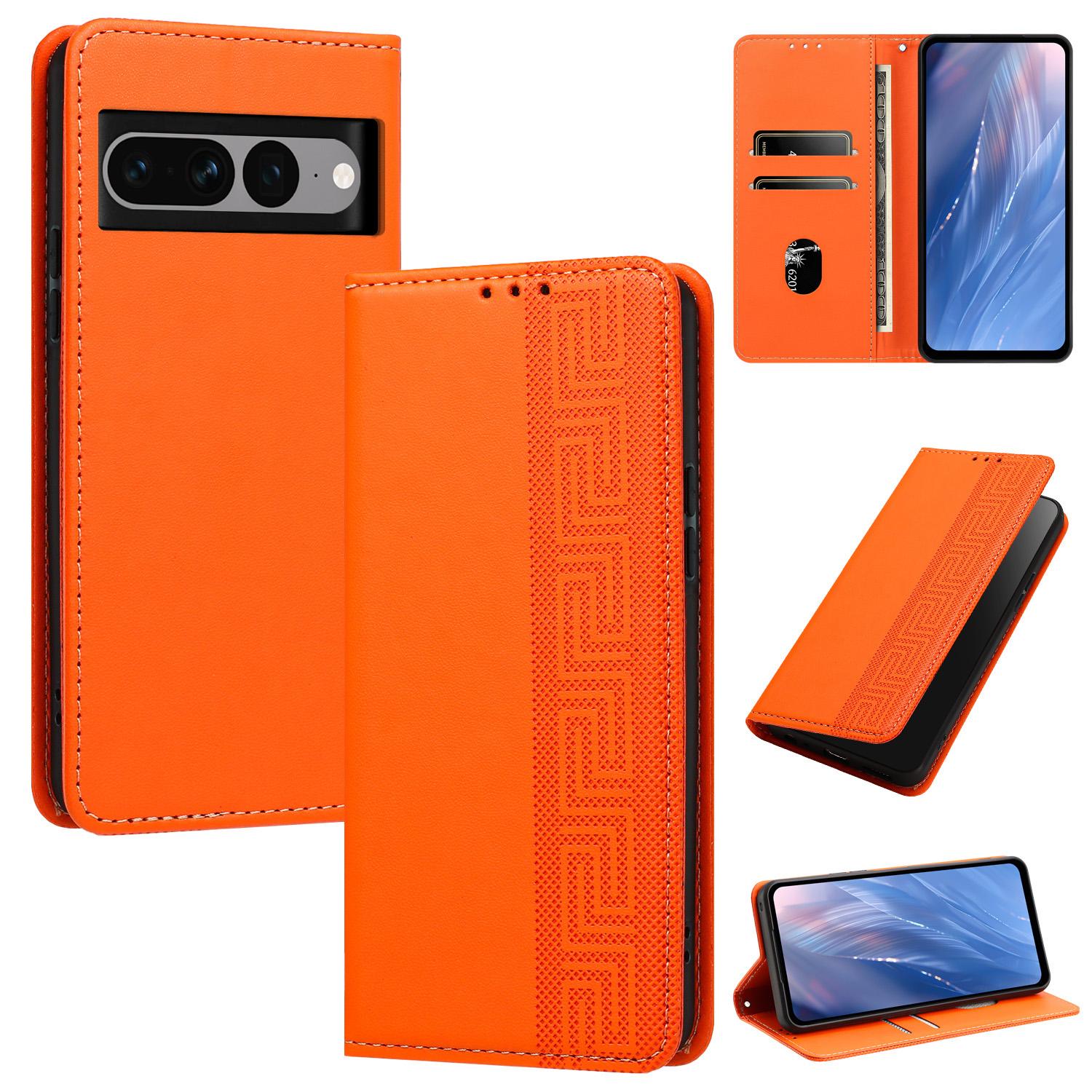 For Google Pixel 7 Pro Embossed Meander Pattern RFID Vegan Leather Phone Case(Orange) - Shopkiz.com