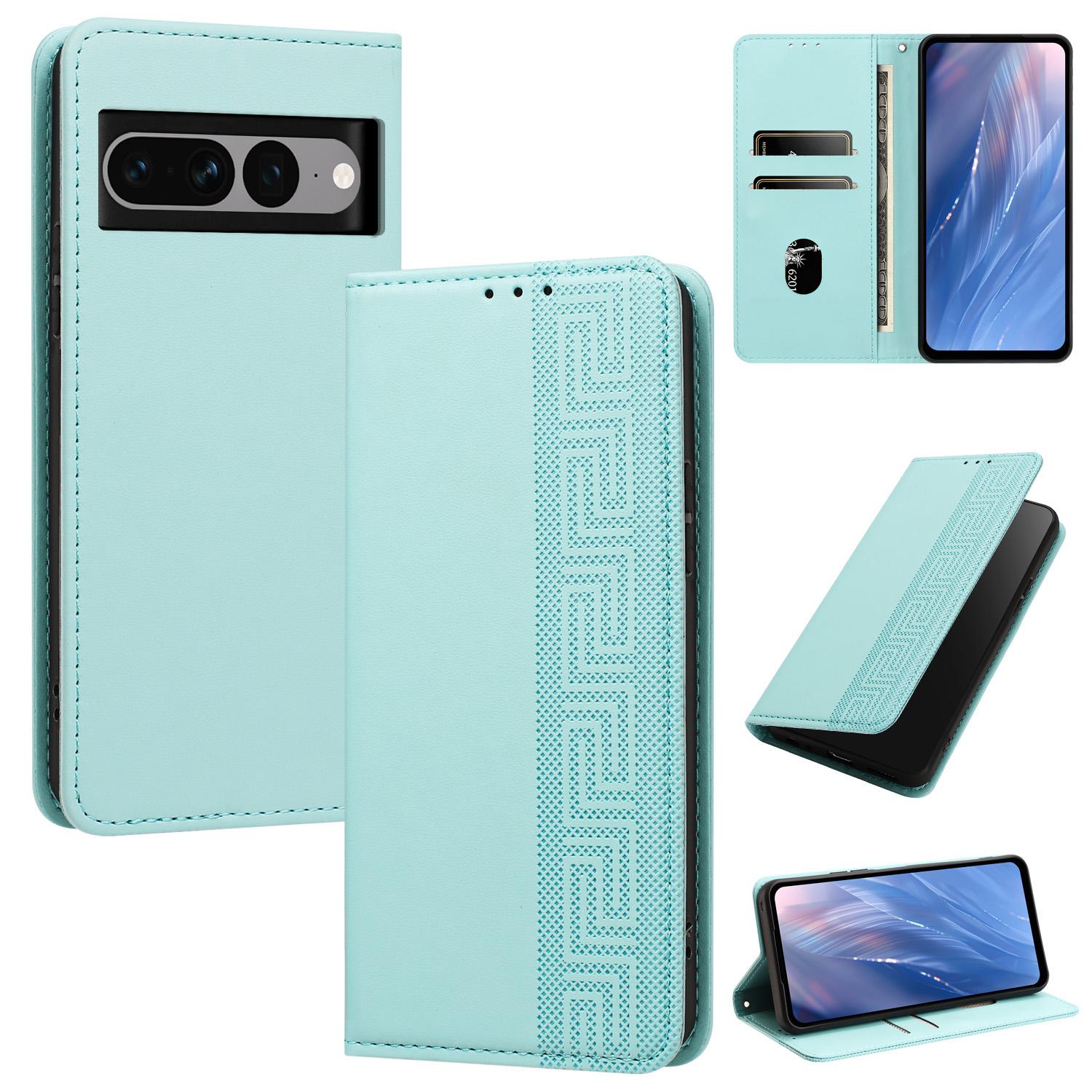 For Google Pixel 7 Pro Embossed Meander Pattern RFID Vegan Leather Phone Case(Mint Green) - Shopkiz.com