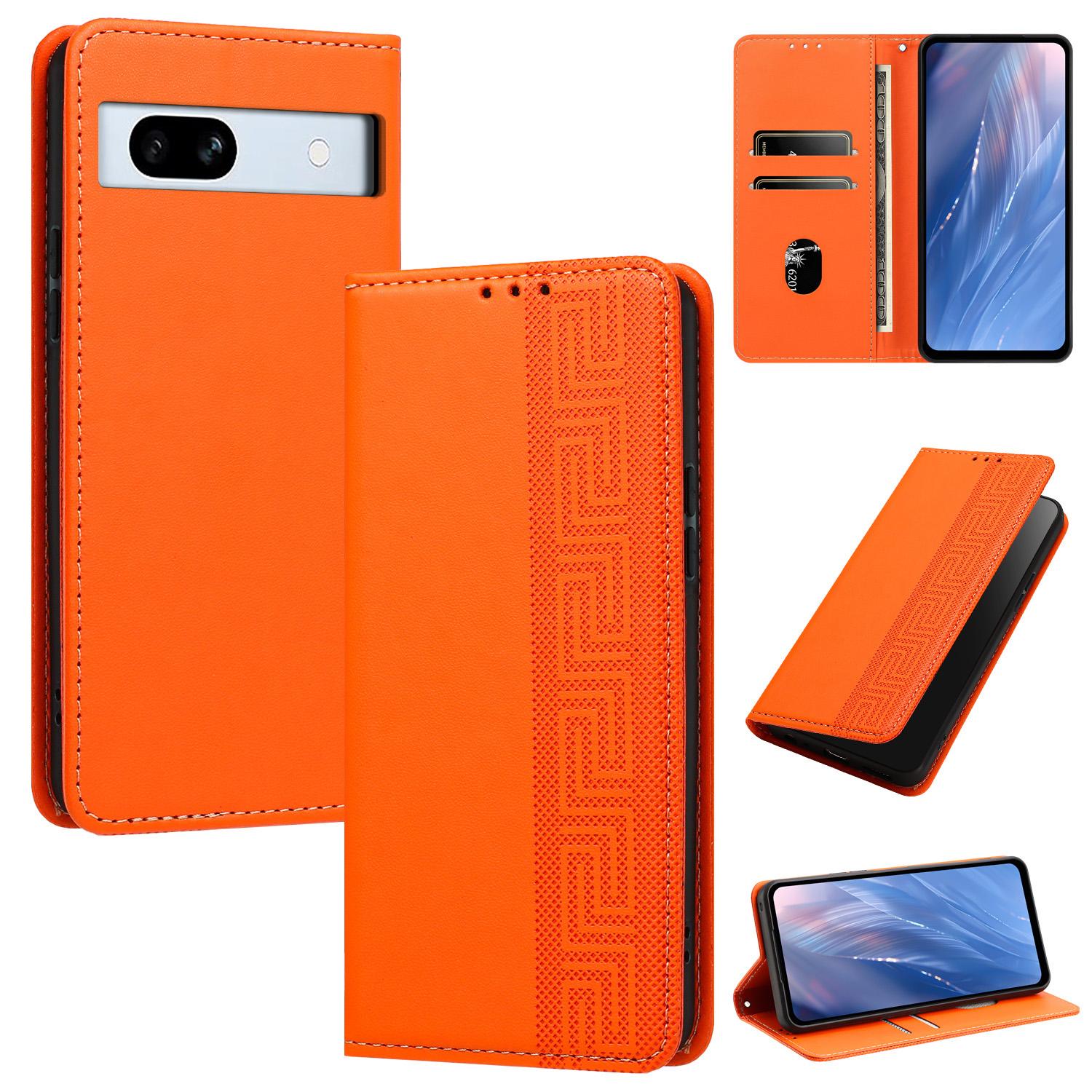 For Google Pixel 7a Embossed Meander Pattern RFID Vegan Leather Phone Case(Orange) - Shopkiz.com