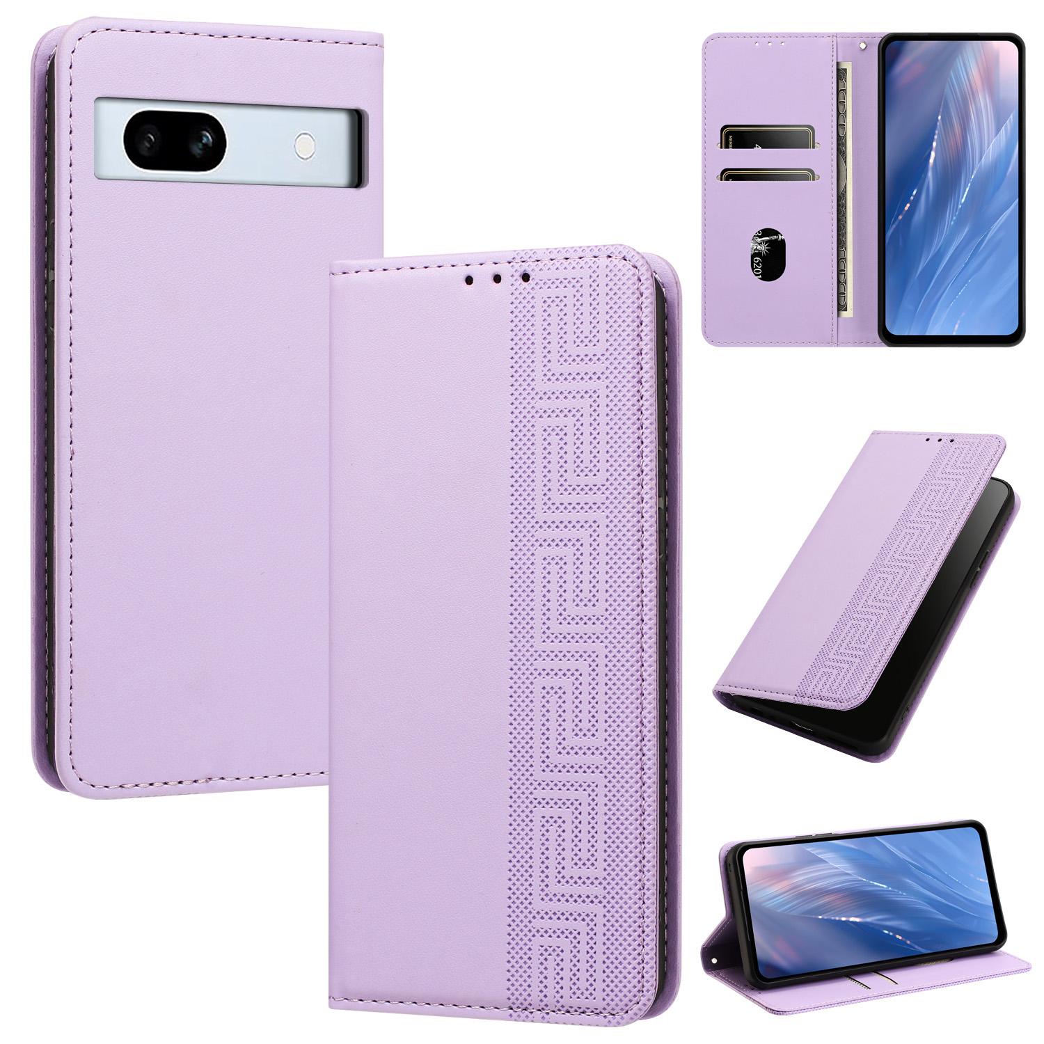 For Google Pixel 7a Embossed Meander Pattern RFID Vegan Leather Phone Case(Light Purple) - Shopkiz.com