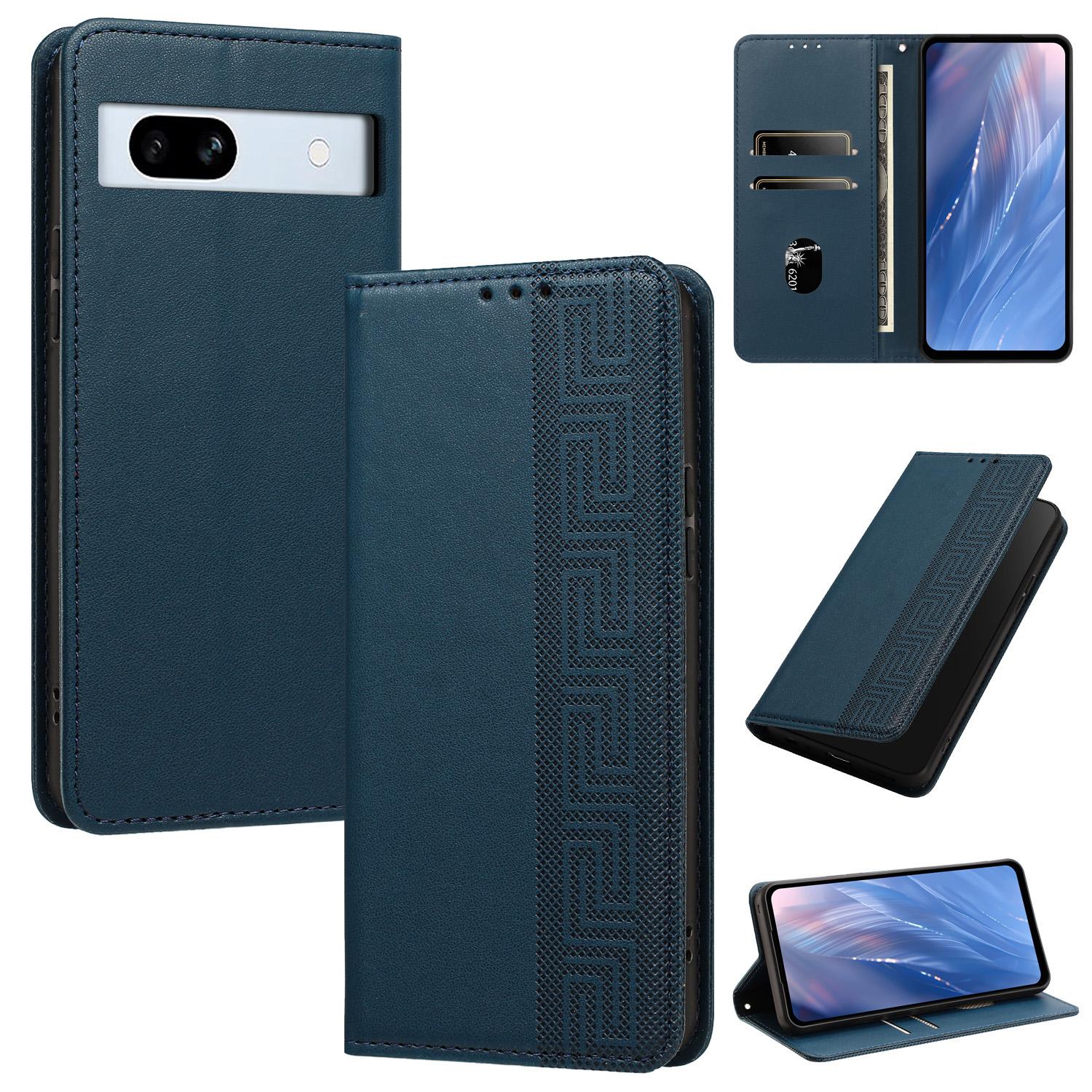 For Google Pixel 7a Embossed Meander Pattern RFID Vegan Leather Phone Case(Dark Blue) - Shopkiz.com