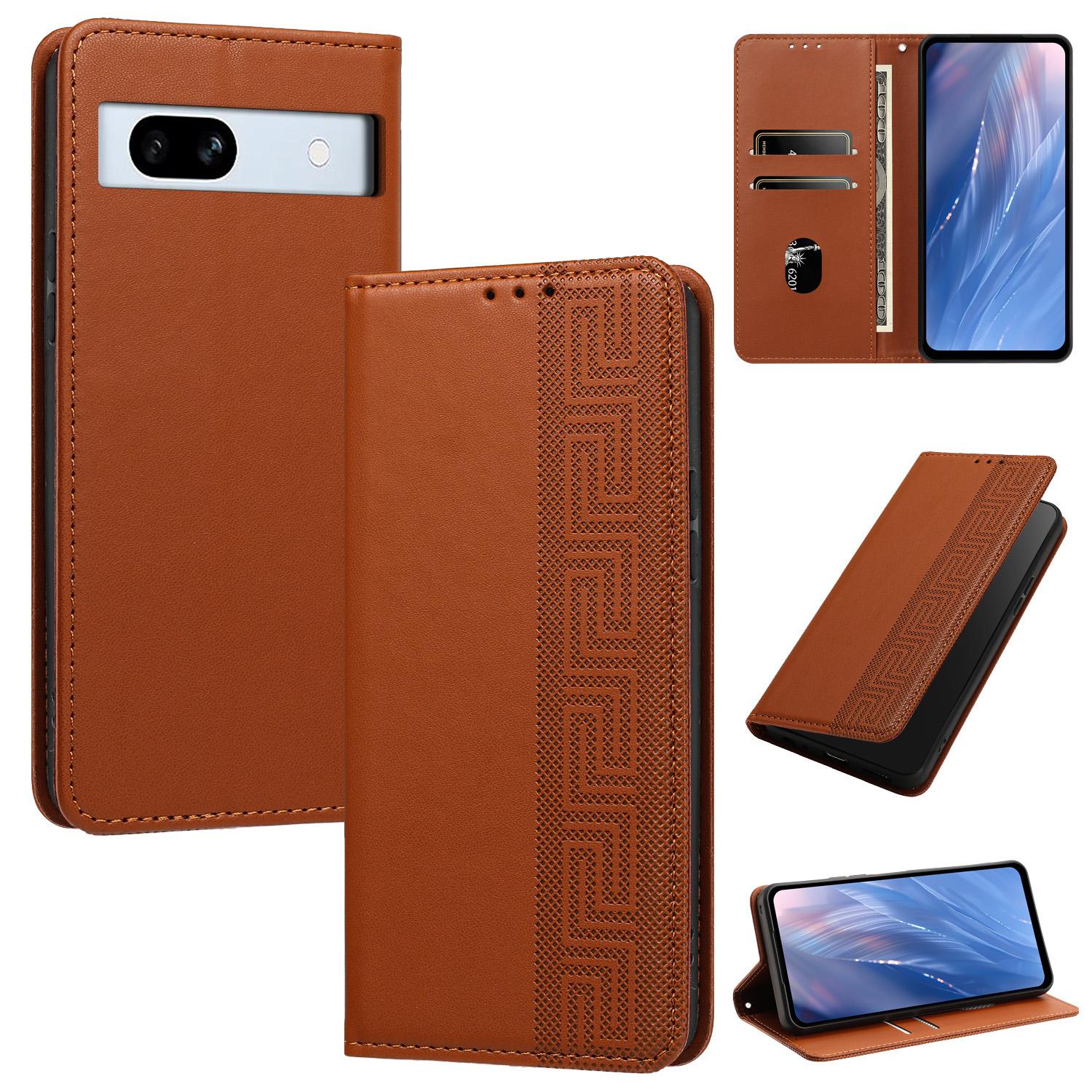 For Google Pixel 7a Embossed Meander Pattern RFID Vegan Leather Phone Case(Brown) - Shopkiz.com