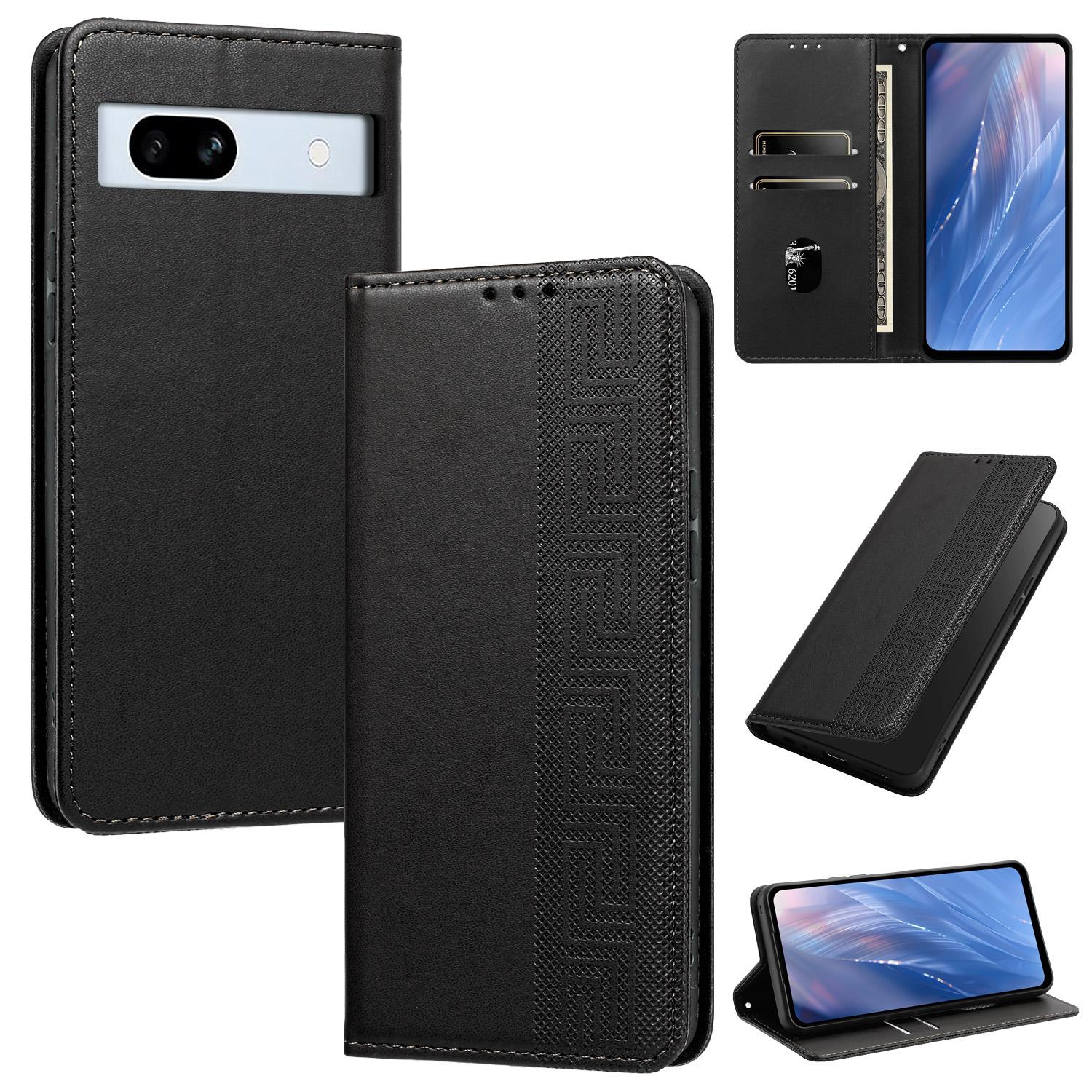For Google Pixel 7a Embossed Meander Pattern RFID Vegan Leather Phone Case(Black) - Shopkiz.com