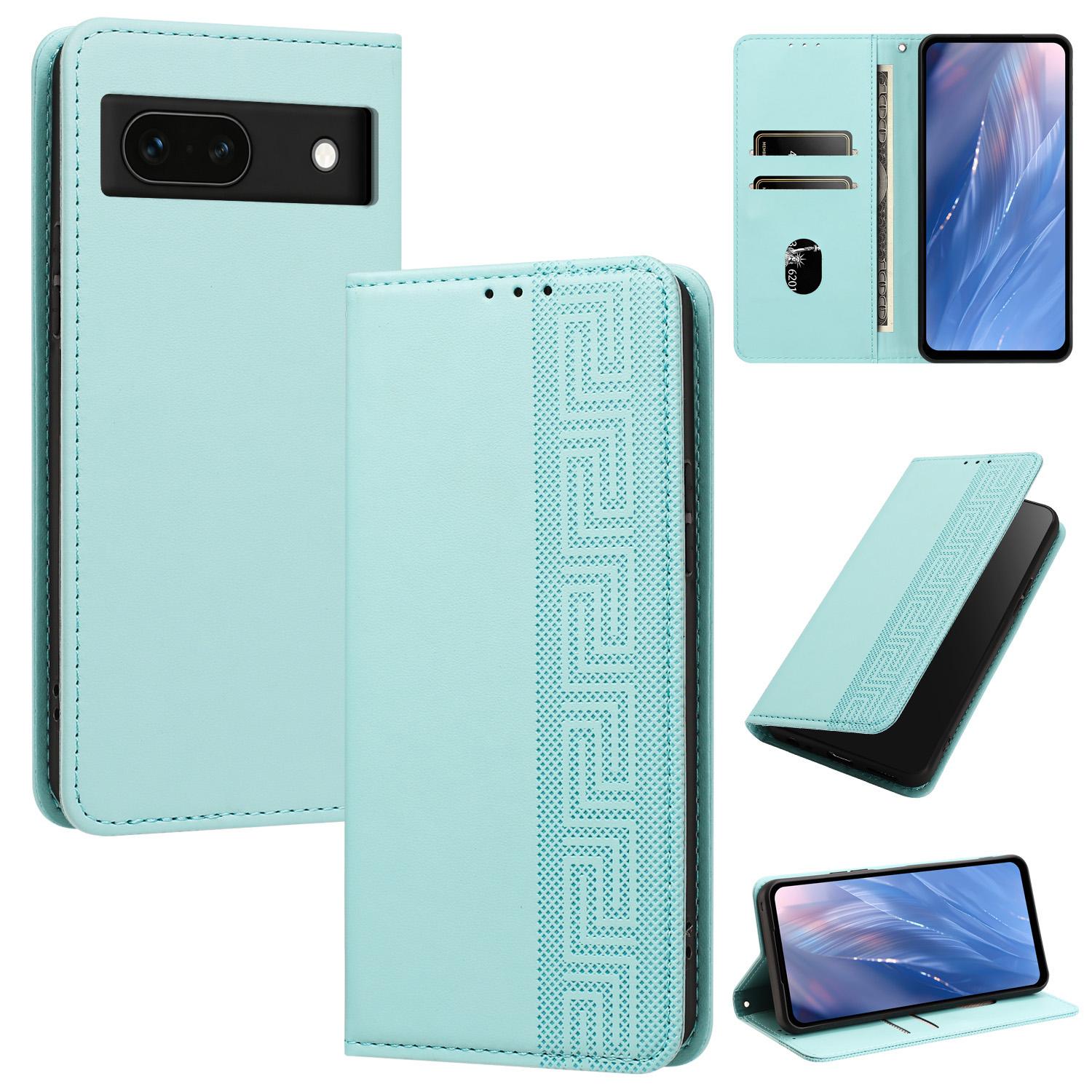 For Google Pixel 8a Embossed Meander Pattern RFID Vegan Leather Phone Case(Mint Green) - Shopkiz.com