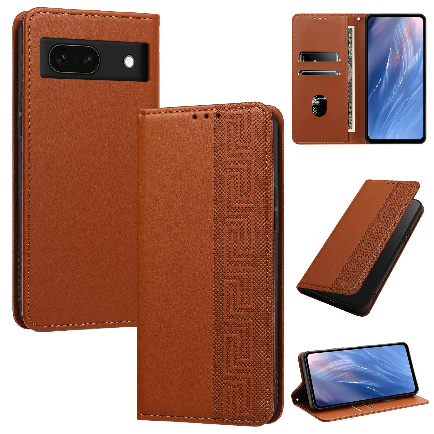For Google Pixel 8a Embossed Meander Pattern RFID Vegan Leather Phone Case(Brown) - Shopkiz.com