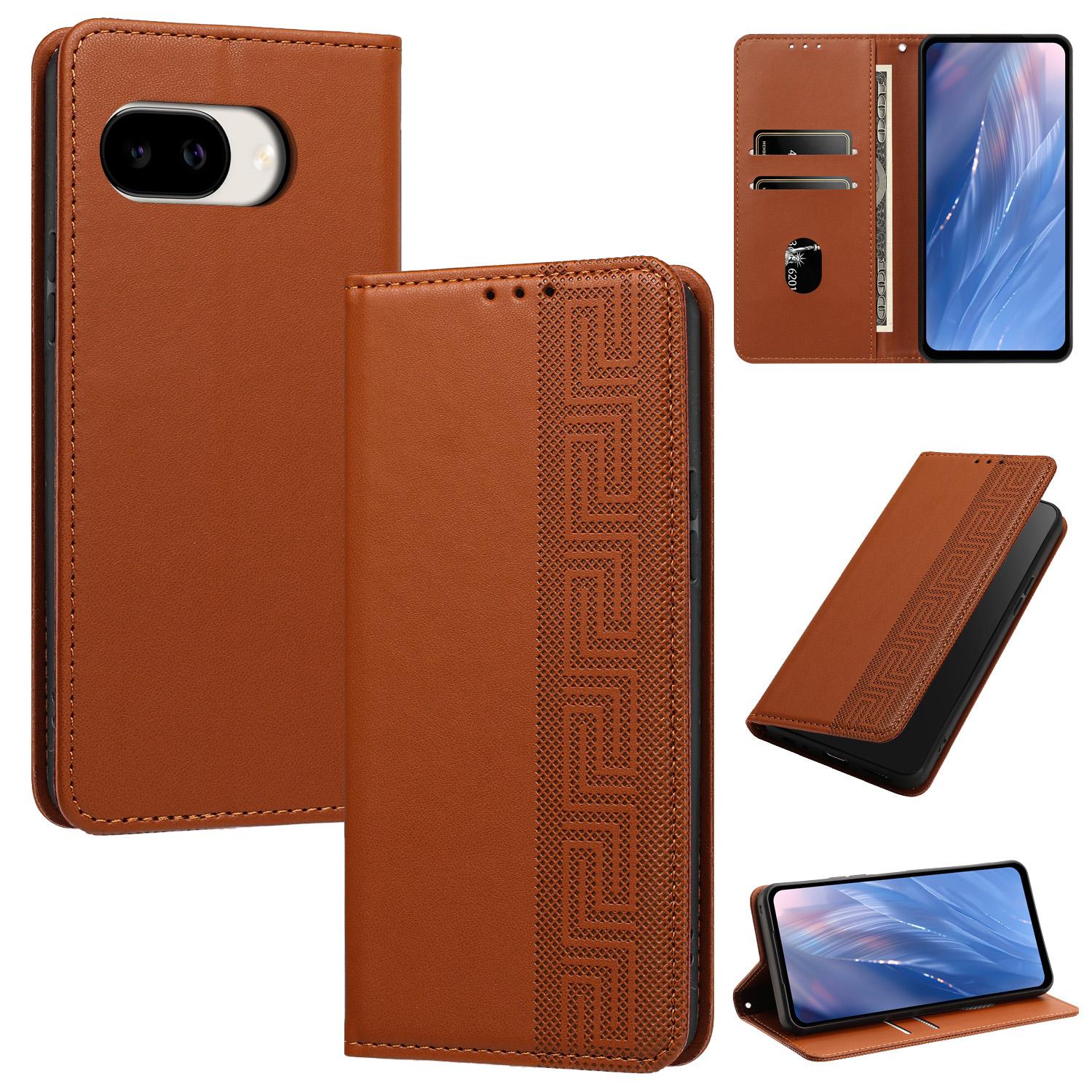 For Google Pixel 9a Embossed Meander Pattern RFID Vegan Leather Phone Case(Brown) - Shopkiz.com
