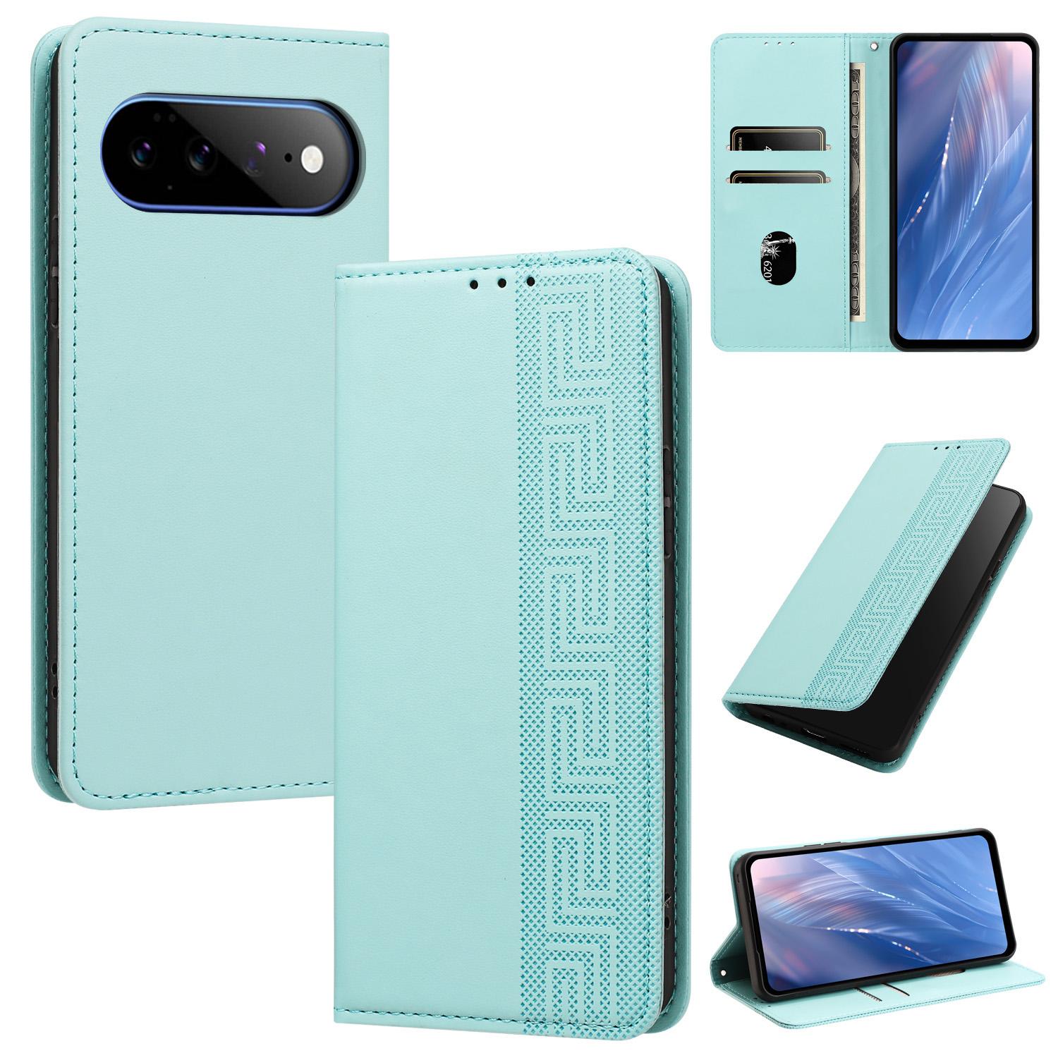 For Google Pixel 11 Pro XL Embossed Meander Pattern RFID Vegan Leather Phone Case(Mint Green) - Shopkiz.com