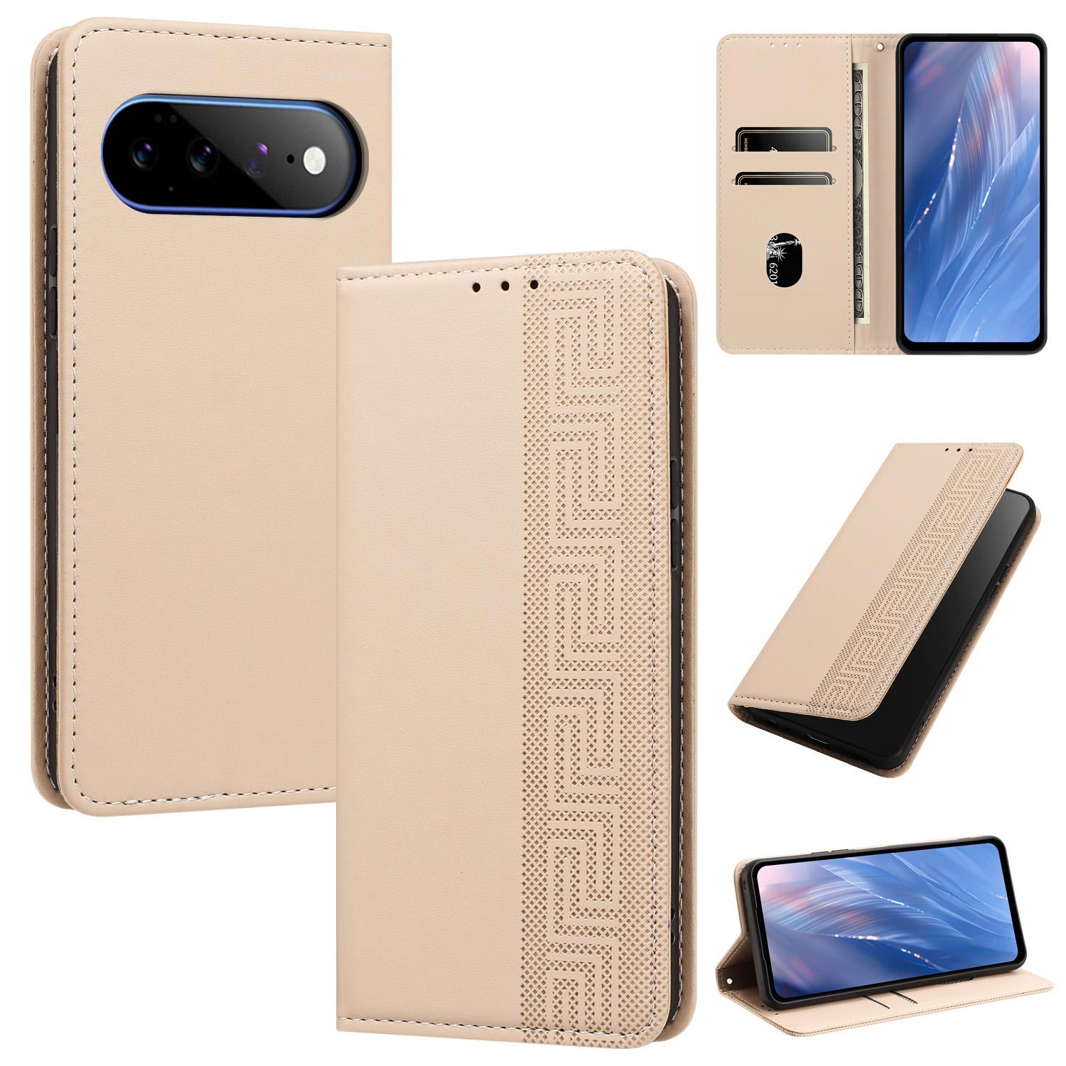 For Google Pixel 11 Pro XL Embossed Meander Pattern RFID Vegan Leather Phone Case(Beige) - Shopkiz.com