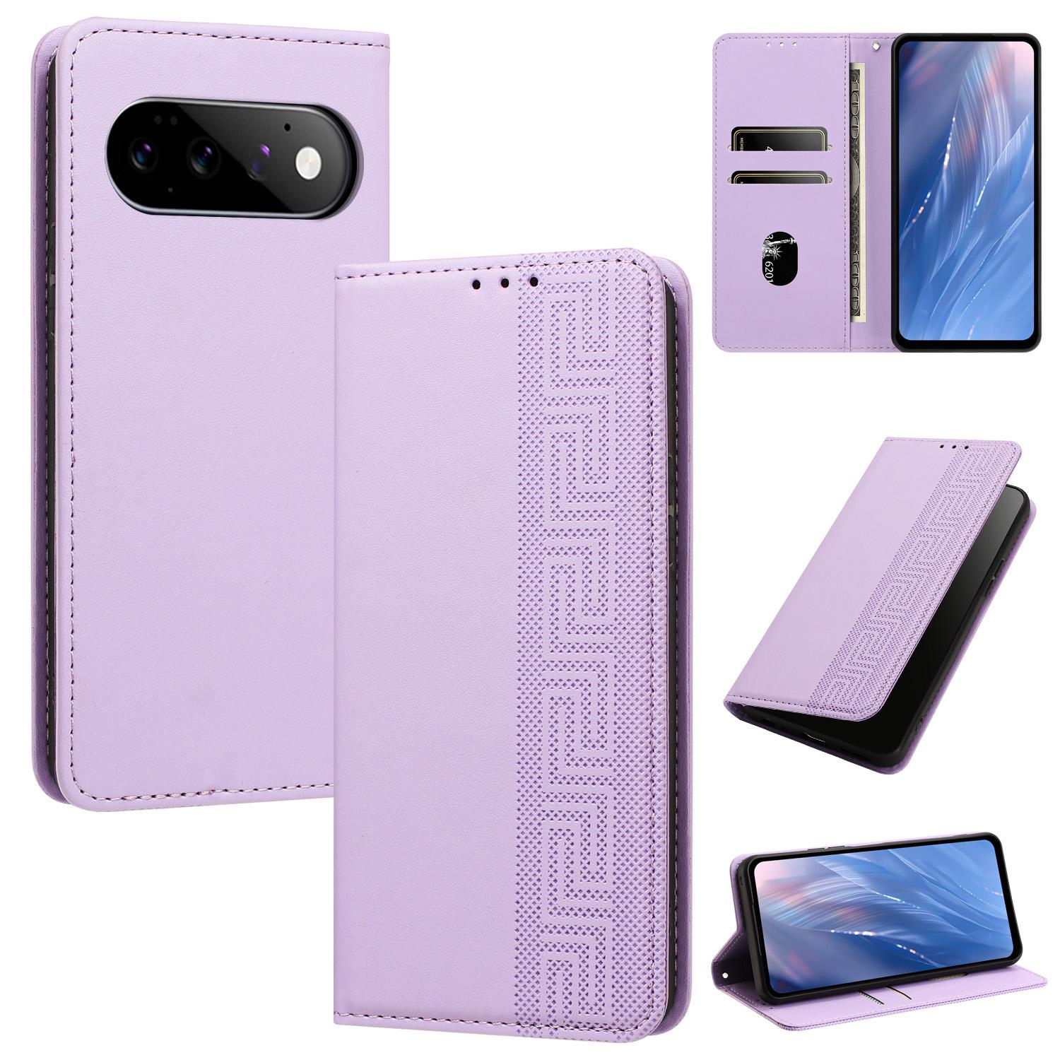 For Google Pixel 11 / 11 Pro Embossed Meander Pattern RFID Vegan Leather Phone Case(Light Purple) - Shopkiz.com
