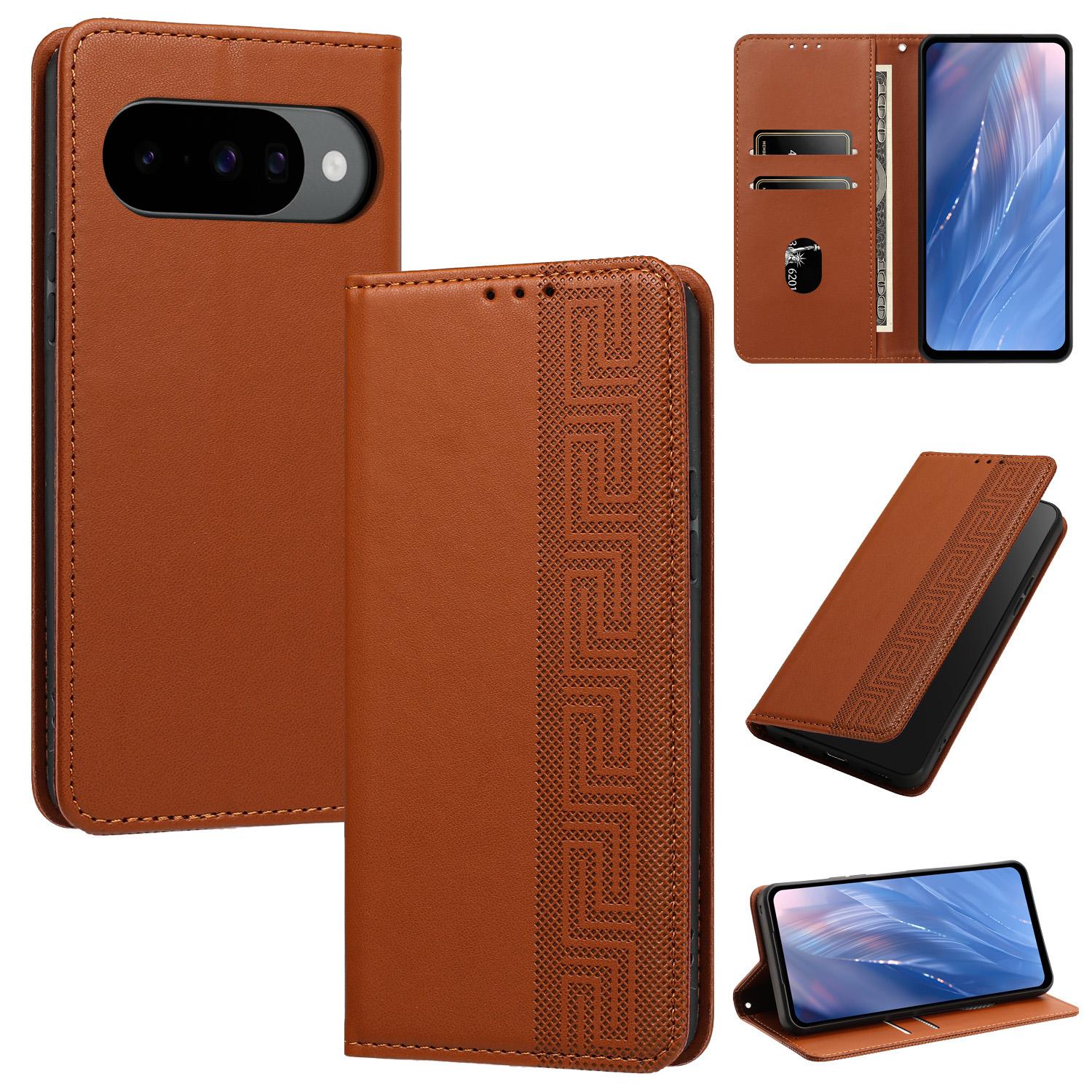 For Google Pixel 10 / 10 Pro / 9 Pro Embossed Meander Pattern RFID Vegan Leather Phone Case(Brown) - Shopkiz.com