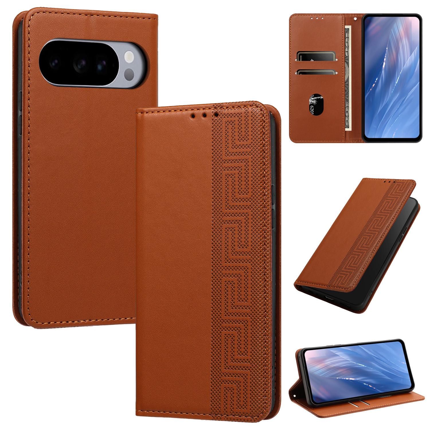 For Google Pixel 10 Pro XL / 9 Pro XL Embossed Meander Pattern RFID Vegan Leather Phone Case(Brown) - Shopkiz.com