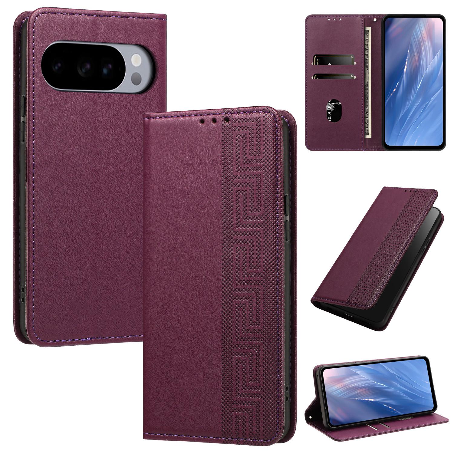 For Google Pixel 10 Pro XL / 9 Pro XL Embossed Meander Pattern RFID Vegan Leather Phone Case(Dark Purple) - Shopkiz.com