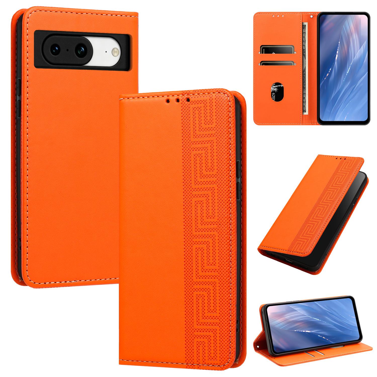 For Google Pixel 8 Embossed Meander Pattern RFID Vegan Leather Phone Case(Orange) - Shopkiz.com