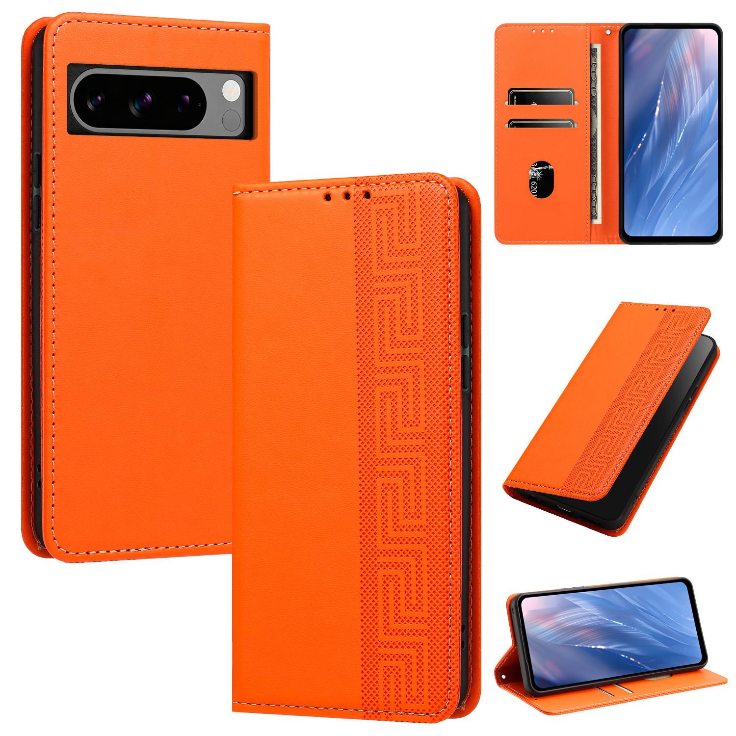 For Google Pixel 8 Pro Embossed Meander Pattern RFID Vegan Leather Phone Case(Orange) - Shopkiz.com