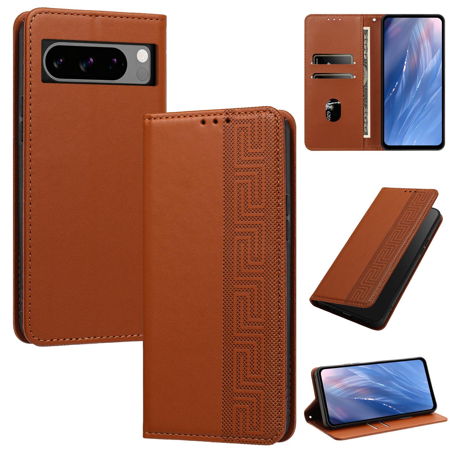 For Google Pixel 8 Pro Embossed Meander Pattern RFID Vegan Leather Phone Case(Brown) - Shopkiz.com