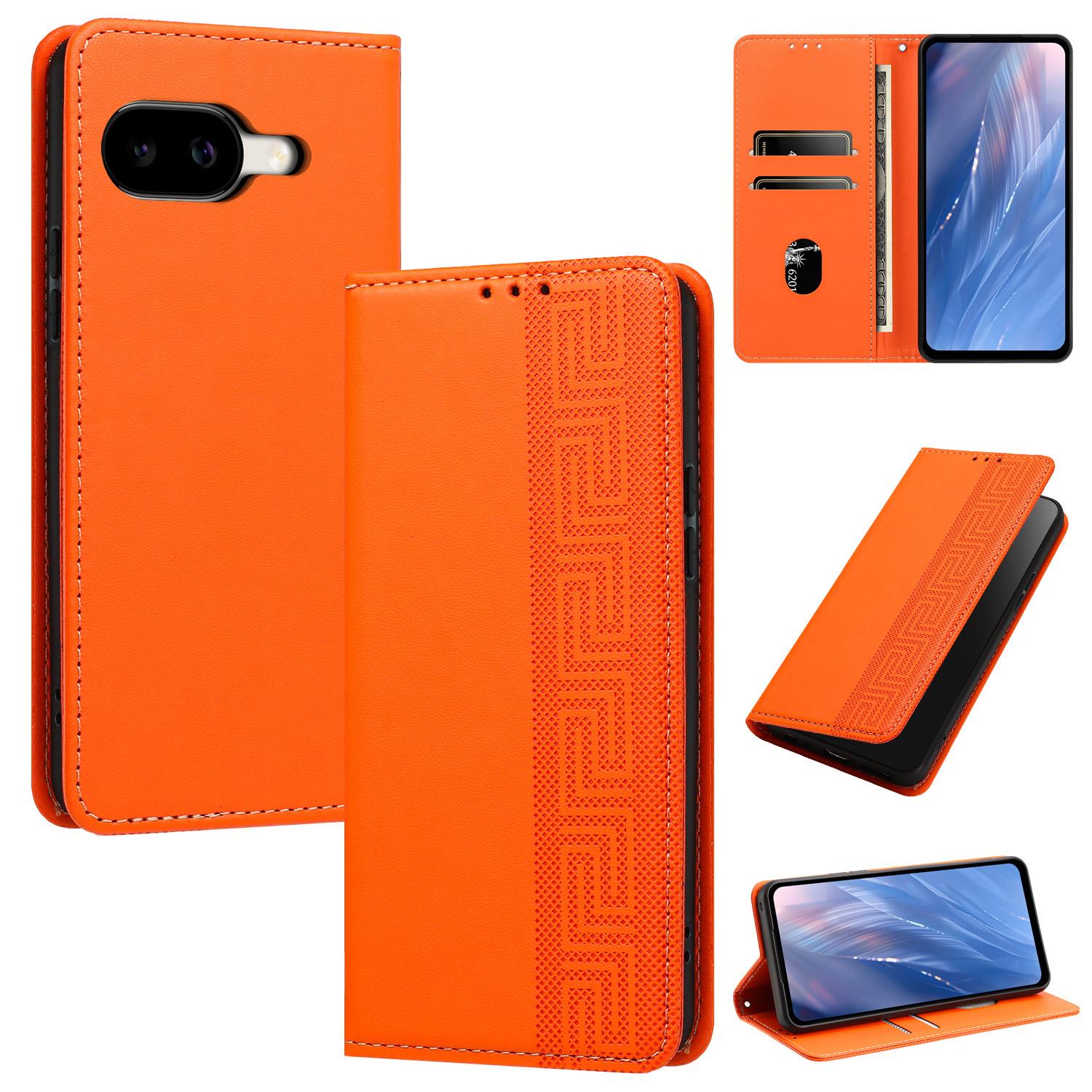 For Google Pixel 10a Embossed Meander Pattern RFID Vegan Leather Phone Case(Orange) - Shopkiz.com