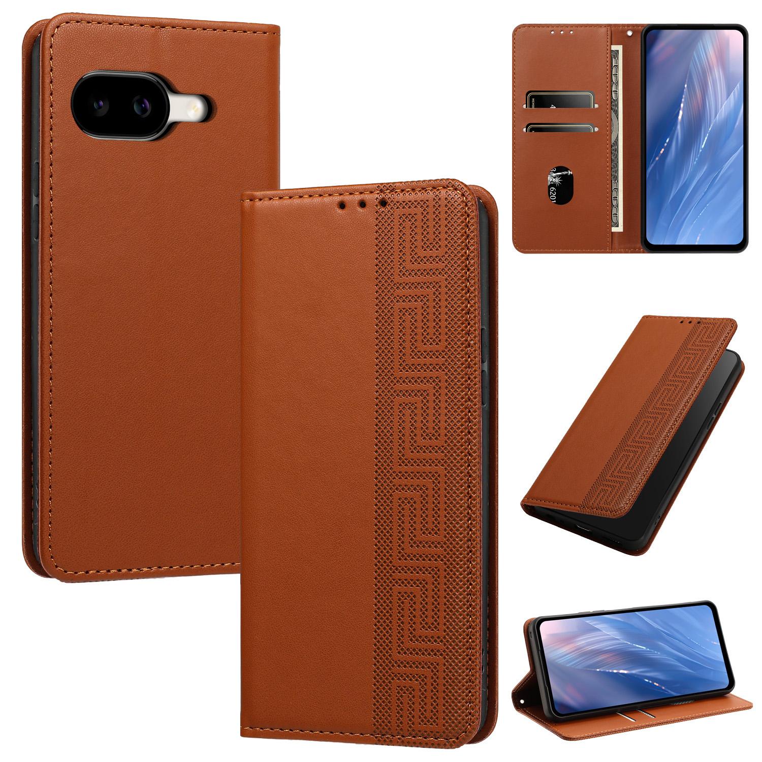 For Google Pixel 10a Embossed Meander Pattern RFID Vegan Leather Phone Case(Brown) - Shopkiz.com