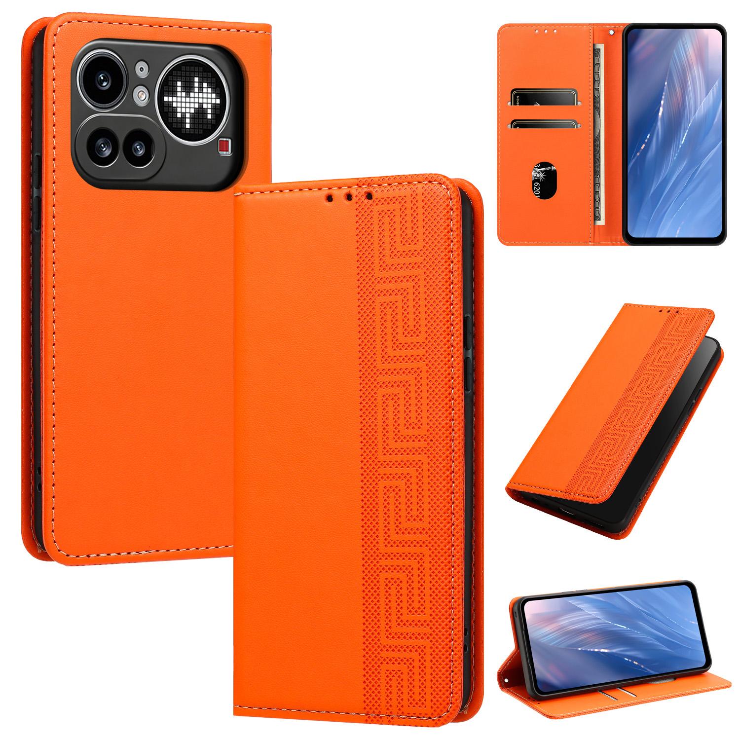 For Nothing Phone 4a Pro Embossed Meander Pattern RFID Vegan Leather Phone Case(Orange) - Shopkiz.com