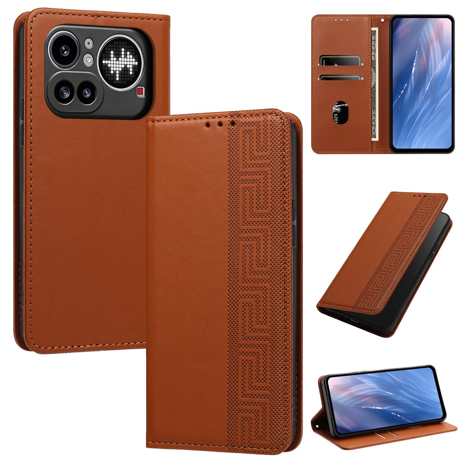 For Nothing Phone 4a Pro Embossed Meander Pattern RFID Vegan Leather Phone Case(Brown) - Shopkiz.com