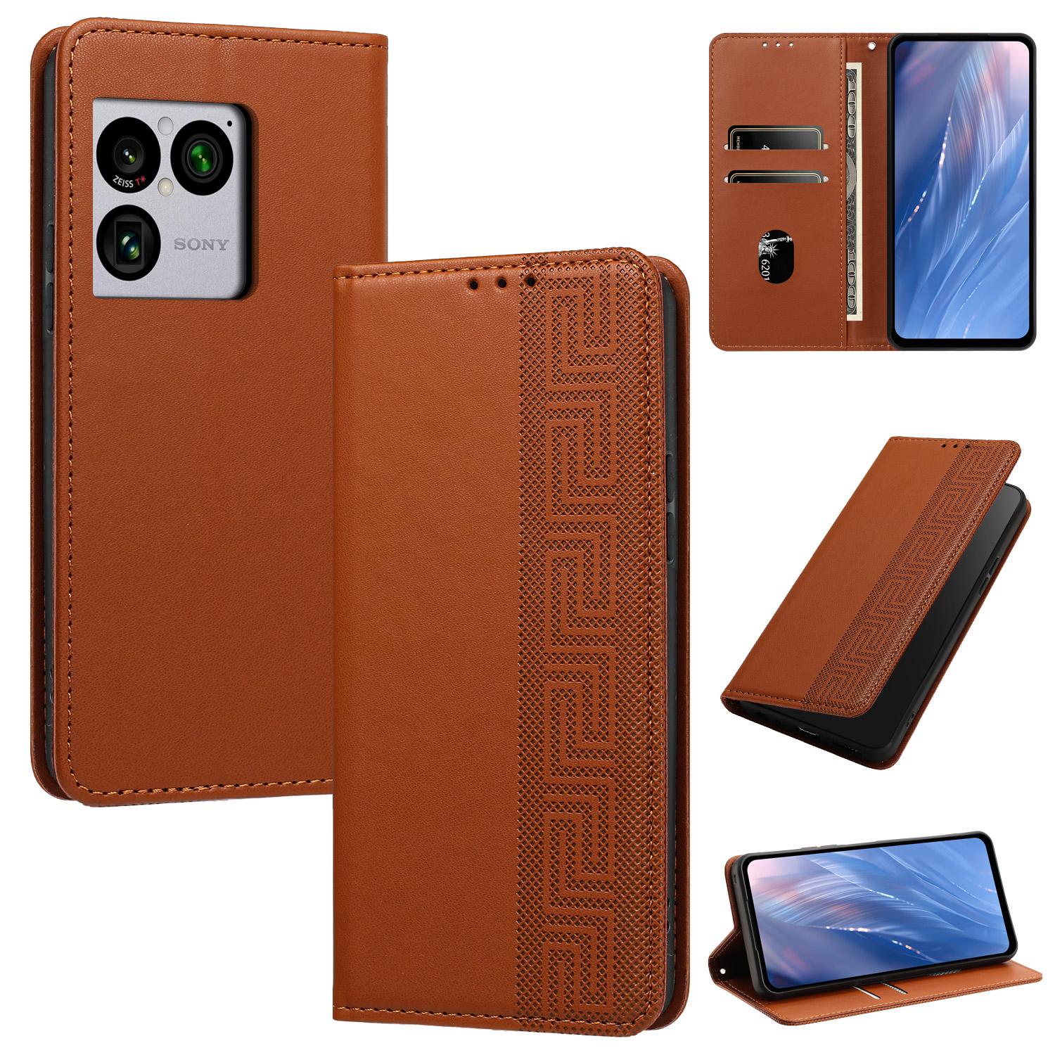 For Sony Xperia 1 VIII Embossed Meander Pattern RFID Vegan Leather Phone Case(Brown) - Shopkiz.com