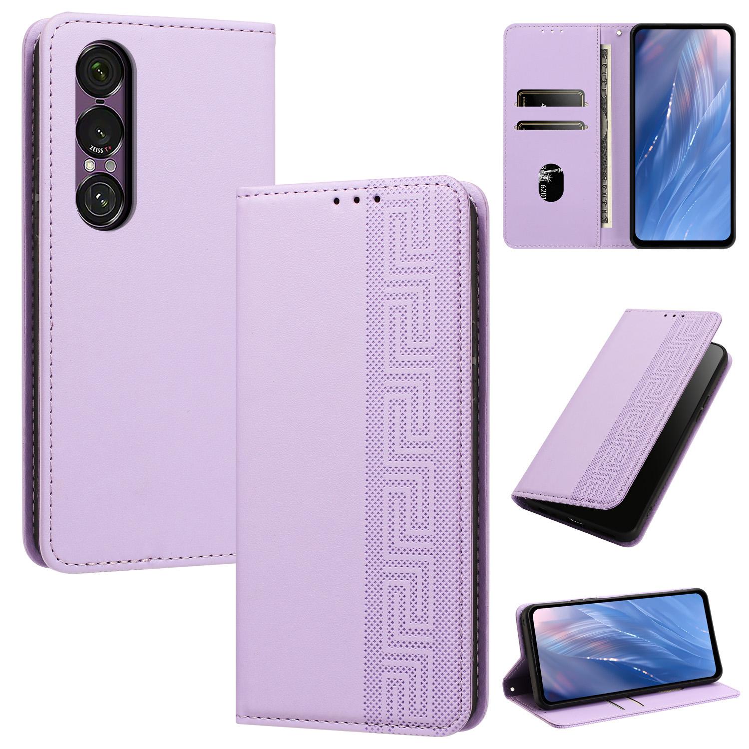 For Sony Xperia 1 VII Embossed Meander Pattern RFID Vegan Leather Phone Case(Light Purple) - Shopkiz.com