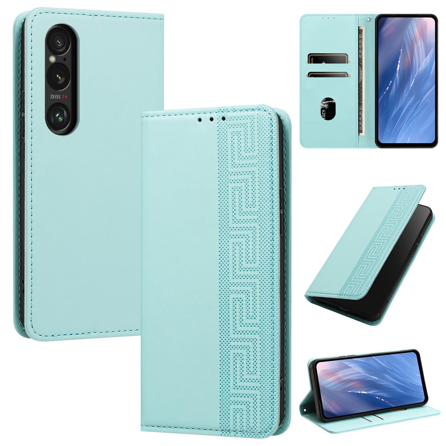 For Sony Xperia 1 VI Embossed Meander Pattern RFID Vegan Leather Phone Case(Mint Green) - Shopkiz.com