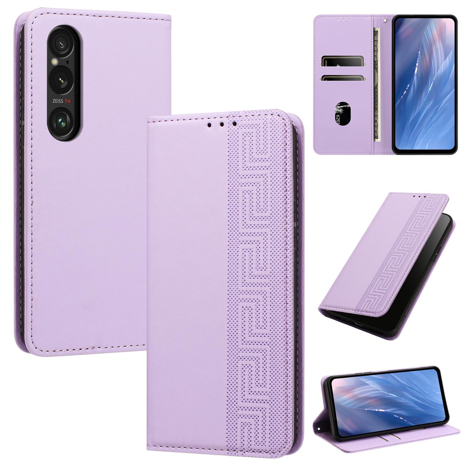For Sony Xperia 1 VI Embossed Meander Pattern RFID Vegan Leather Phone Case(Light Purple) - Shopkiz.com