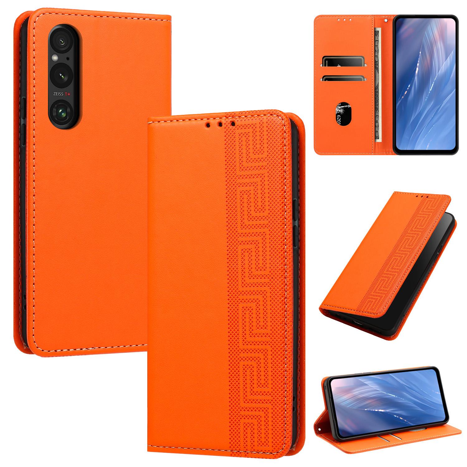 For Sony Xperia 1 V Embossed Meander Pattern RFID Vegan Leather Phone Case(Orange) - Shopkiz.com