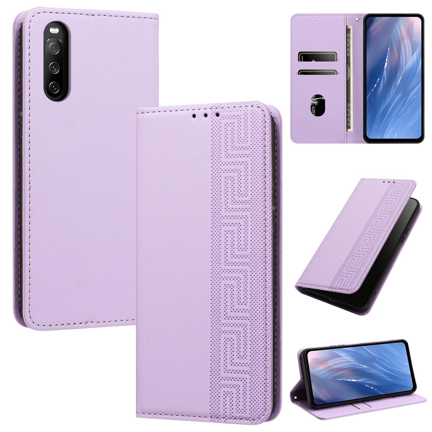 For Sony Xperia 10 V Embossed Meander Pattern RFID Vegan Leather Phone Case(Light Purple) - Shopkiz.com