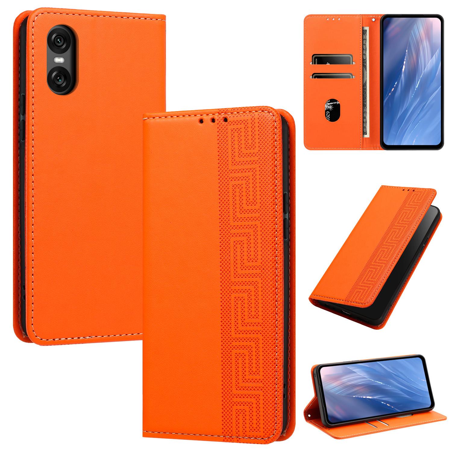 For Sony Xperia 10 VI Embossed Meander Pattern RFID Vegan Leather Phone Case(Orange) - Shopkiz.com