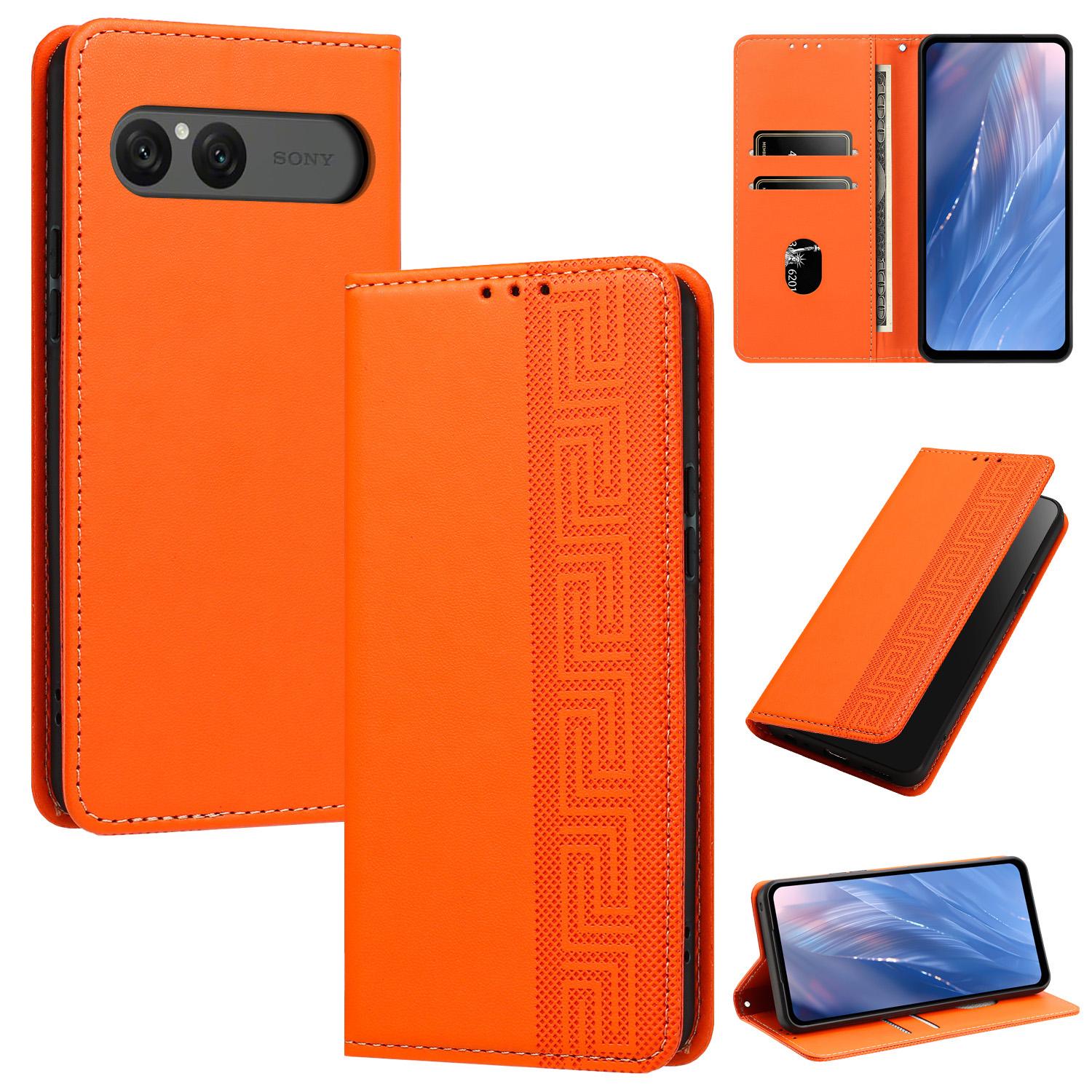 For Sony Xperia 10 VII Embossed Meander Pattern RFID Vegan Leather Phone Case(Orange) - Shopkiz.com