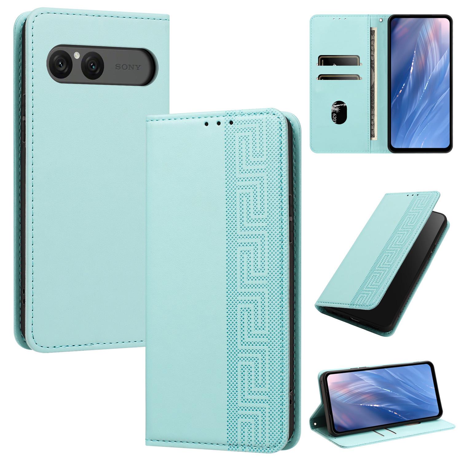 For Sony Xperia 10 VII Embossed Meander Pattern RFID Vegan Leather Phone Case(Mint Green) - Shopkiz.com
