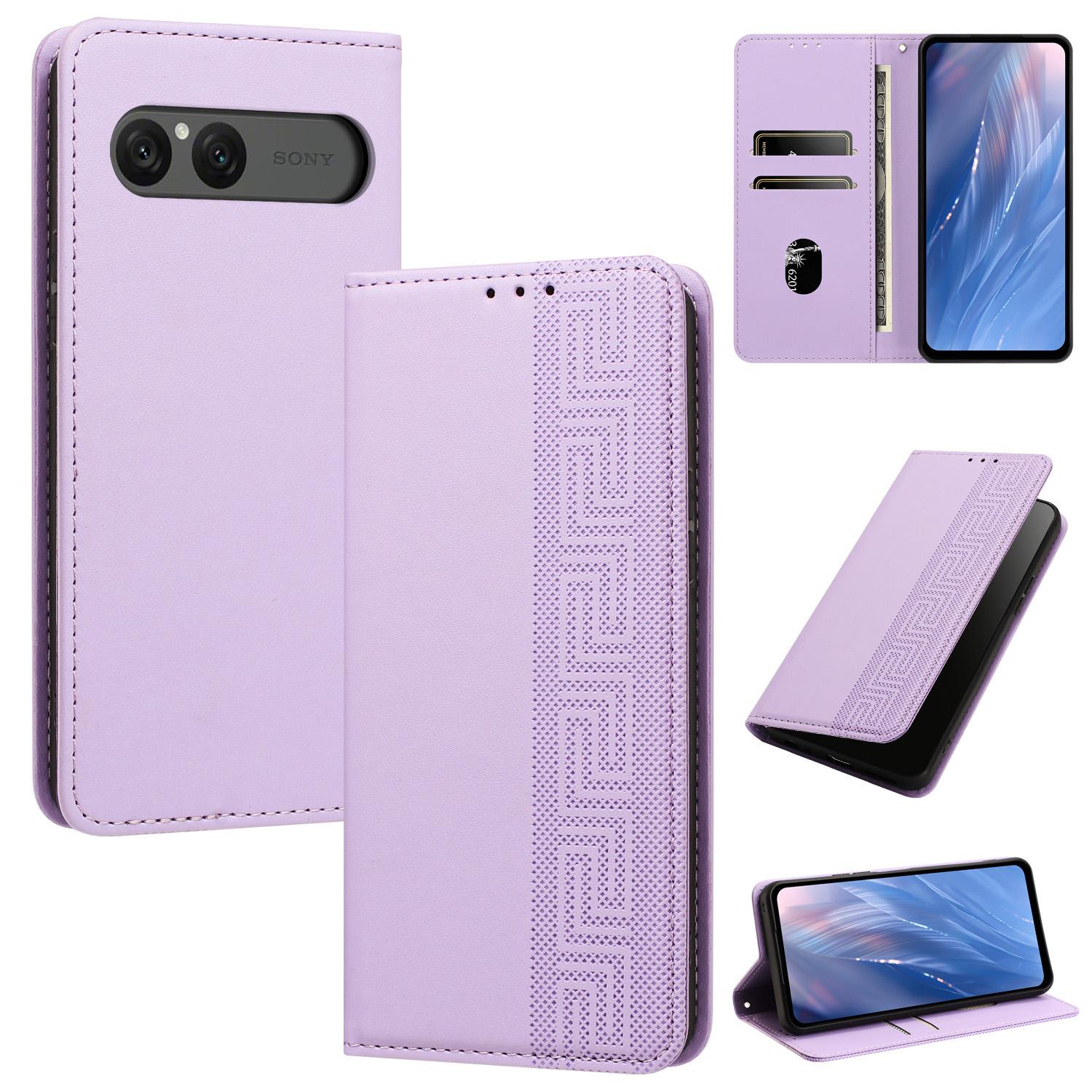 For Sony Xperia 10 VII Embossed Meander Pattern RFID Vegan Leather Phone Case(Light Purple) - Shopkiz.com