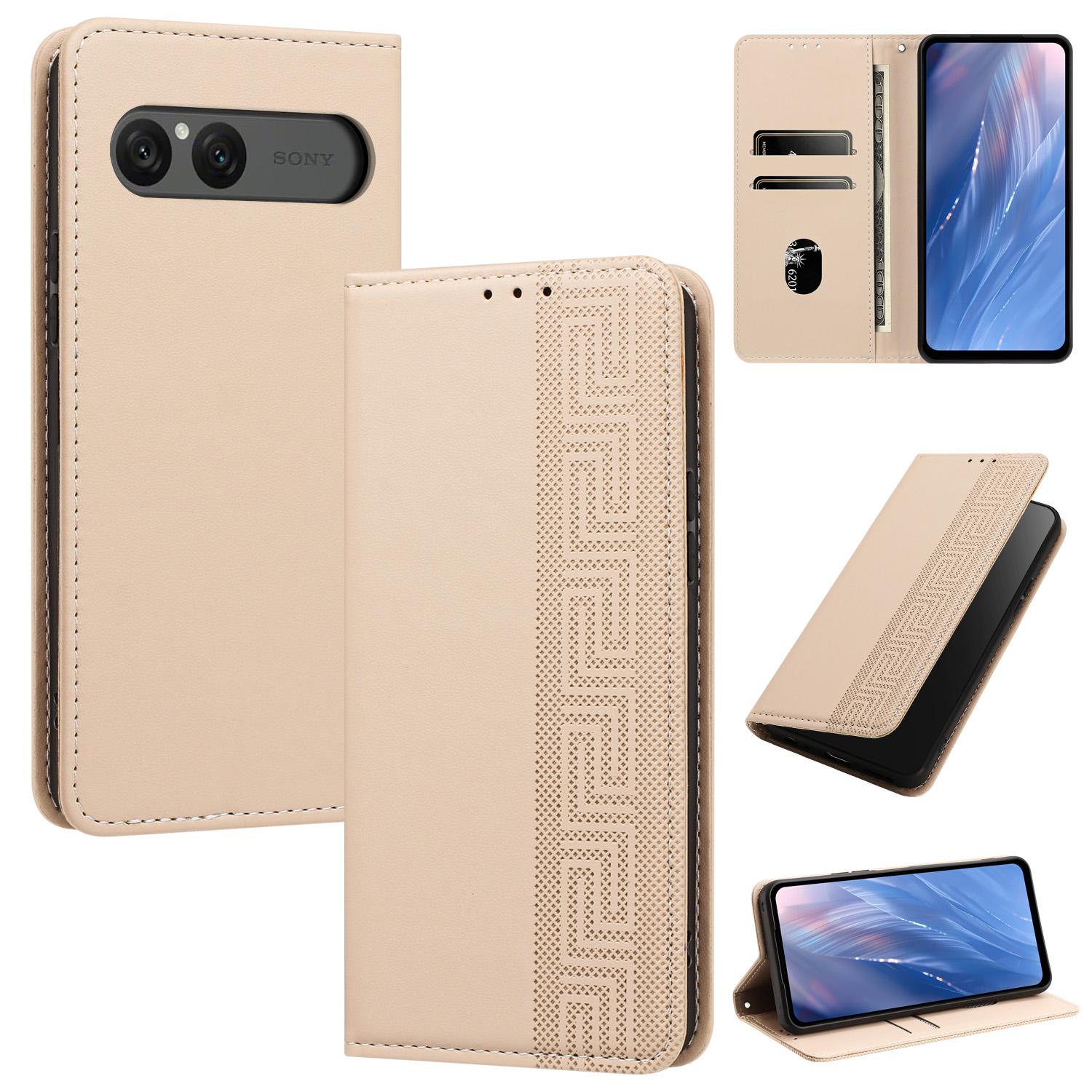 For Sony Xperia 10 VII Embossed Meander Pattern RFID Vegan Leather Phone Case(Beige) - Shopkiz.com