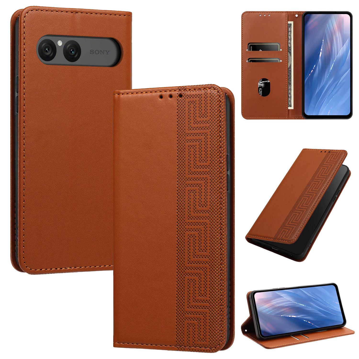 For Sony Xperia 10 VII Embossed Meander Pattern RFID Vegan Leather Phone Case(Brown) - Shopkiz.com