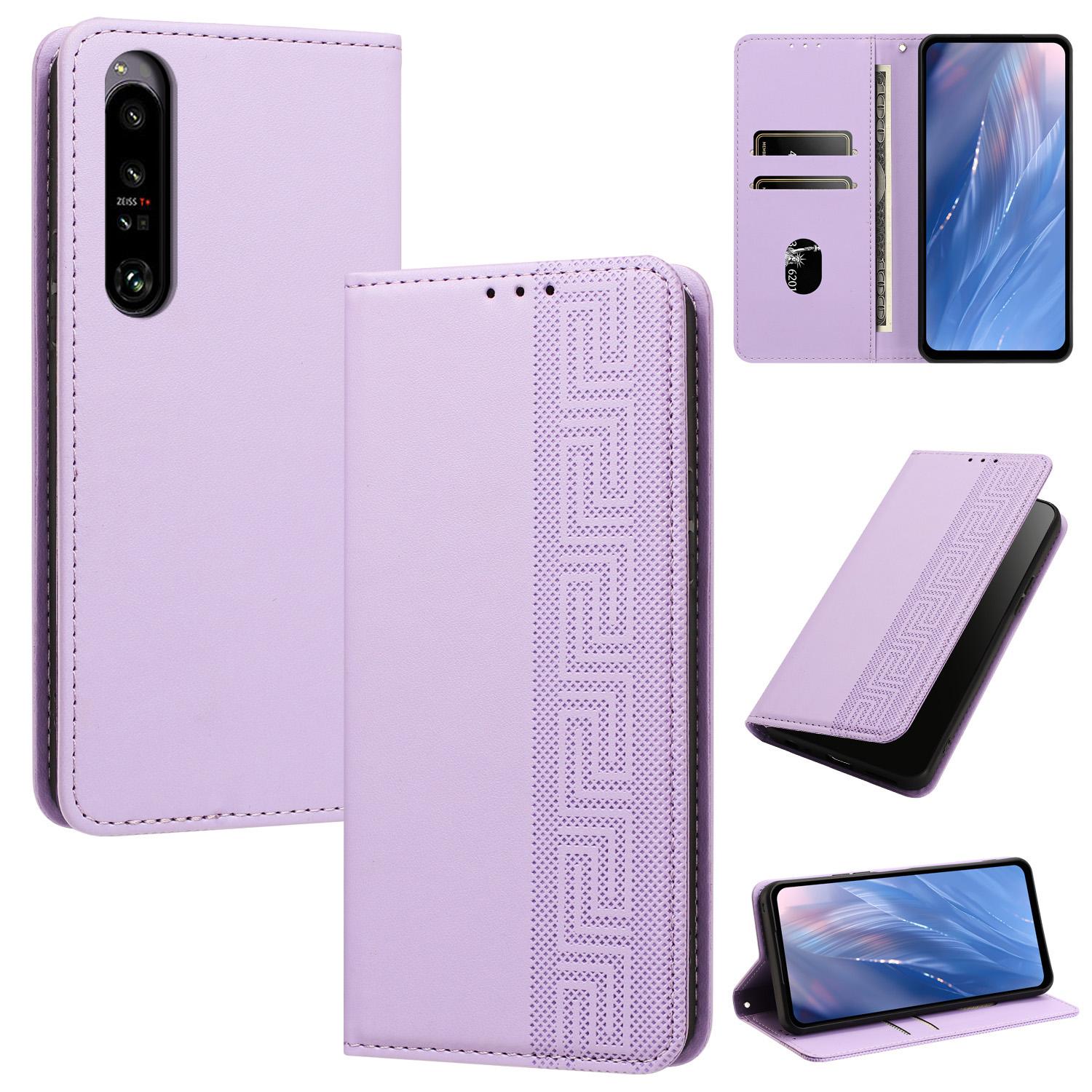 For Sony Xperia 1 IV Embossed Meander Pattern RFID Vegan Leather Phone Case(Light Purple) - Shopkiz.com