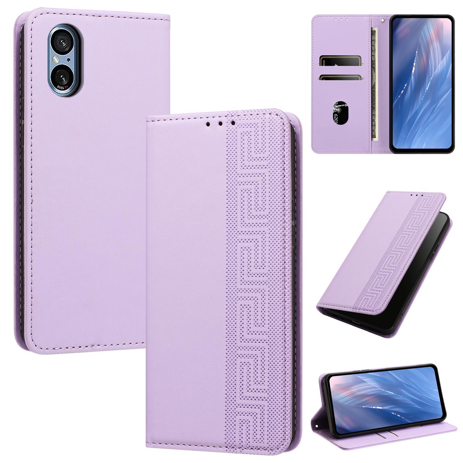 For Sony Xperia 5 V Embossed Meander Pattern RFID Vegan Leather Phone Case(Light Purple) - Shopkiz.com