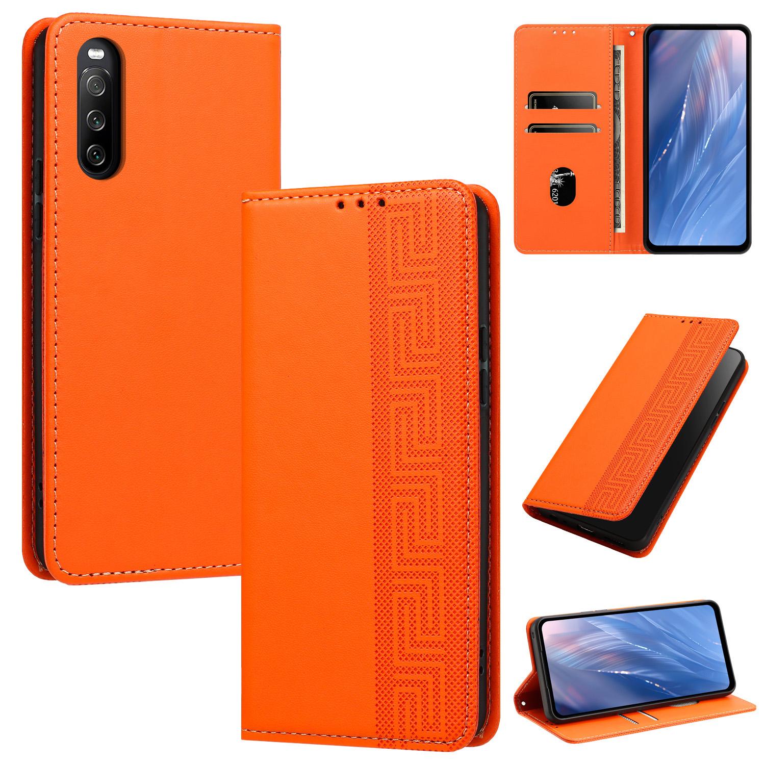 For Sony Xperia 10 IV Embossed Meander Pattern RFID Vegan Leather Phone Case(Orange) - Shopkiz.com