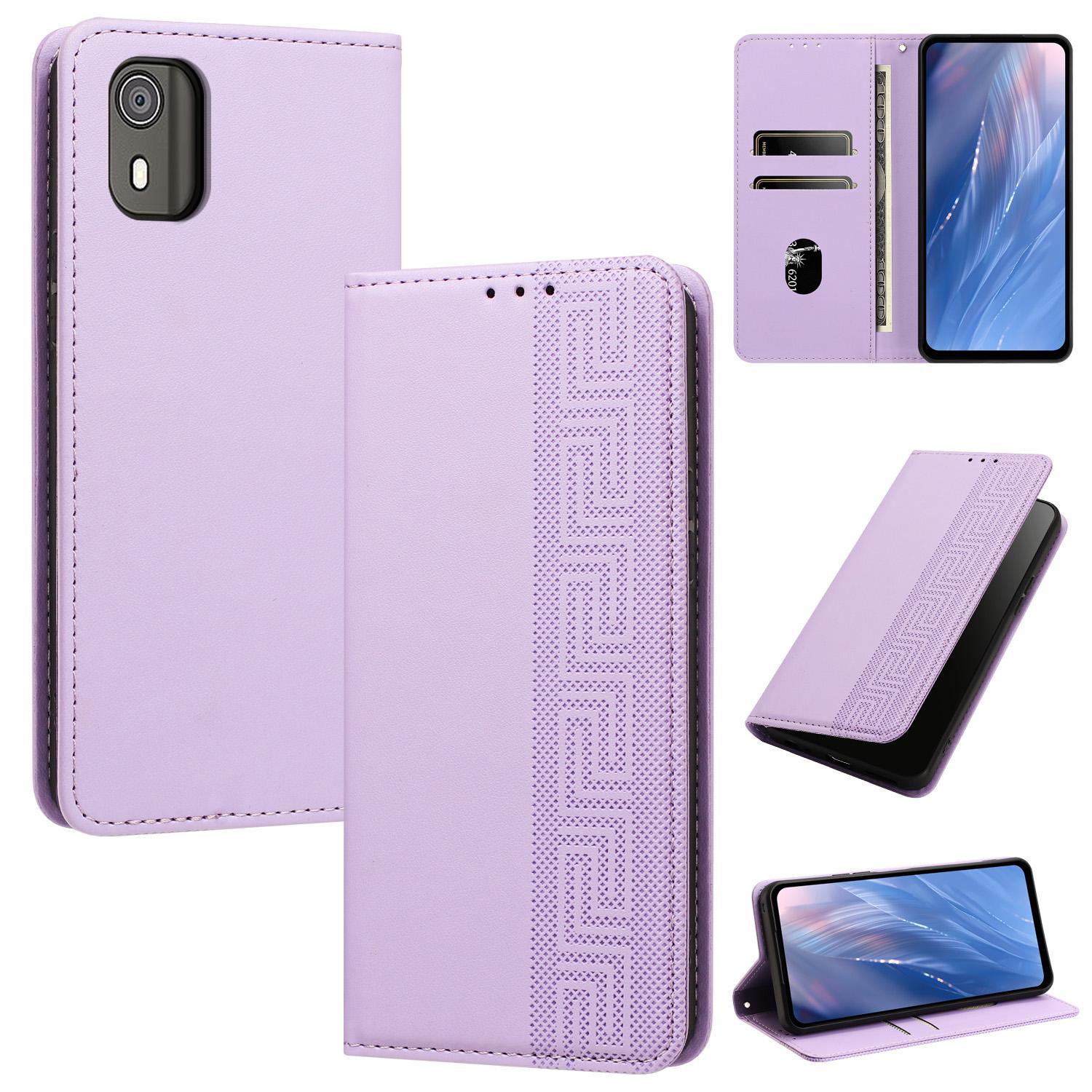 For Nokia C02 Embossed Meander Pattern RFID Vegan Leather Phone Case(Light Purple) - Shopkiz.com