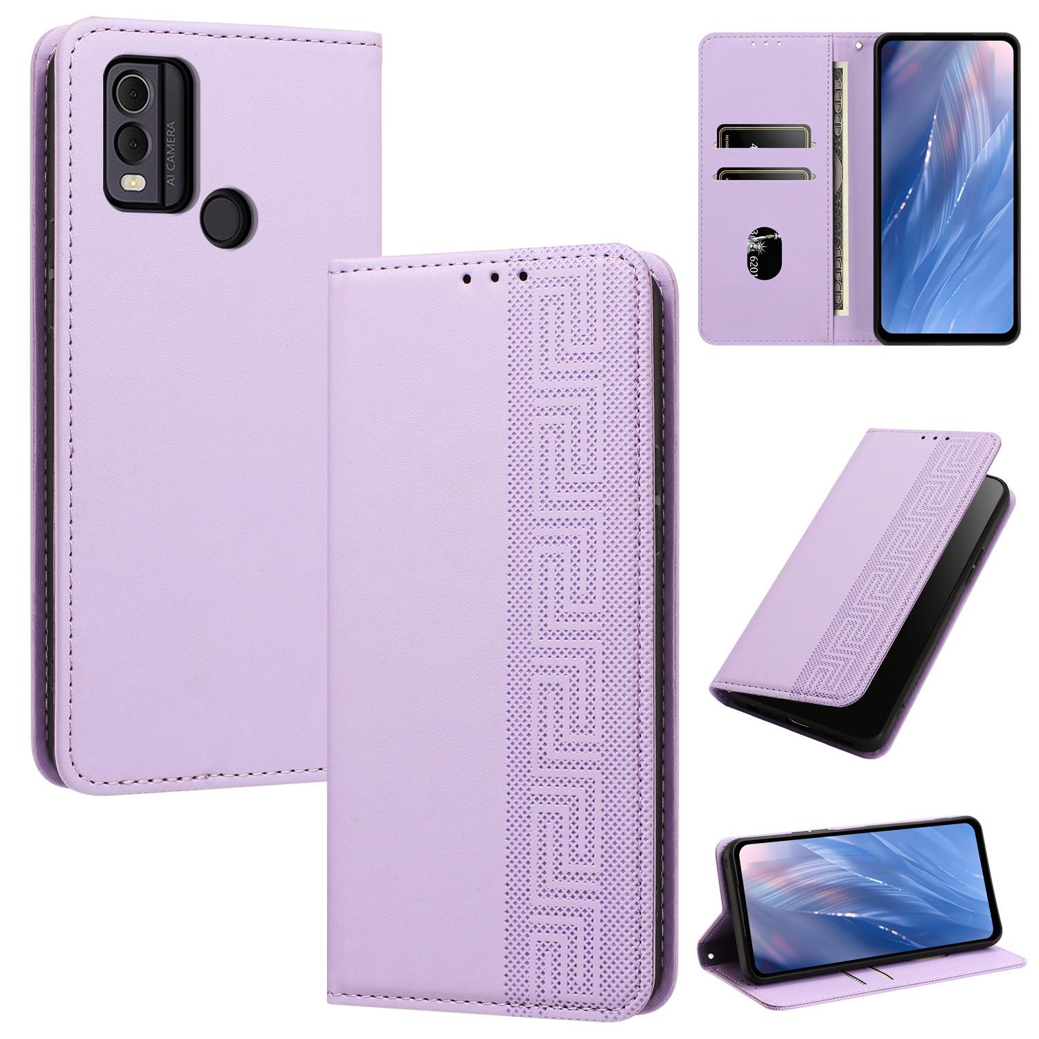 For Nokia C22 Embossed Meander Pattern RFID Vegan Leather Phone Case(Light Purple) - Shopkiz.com