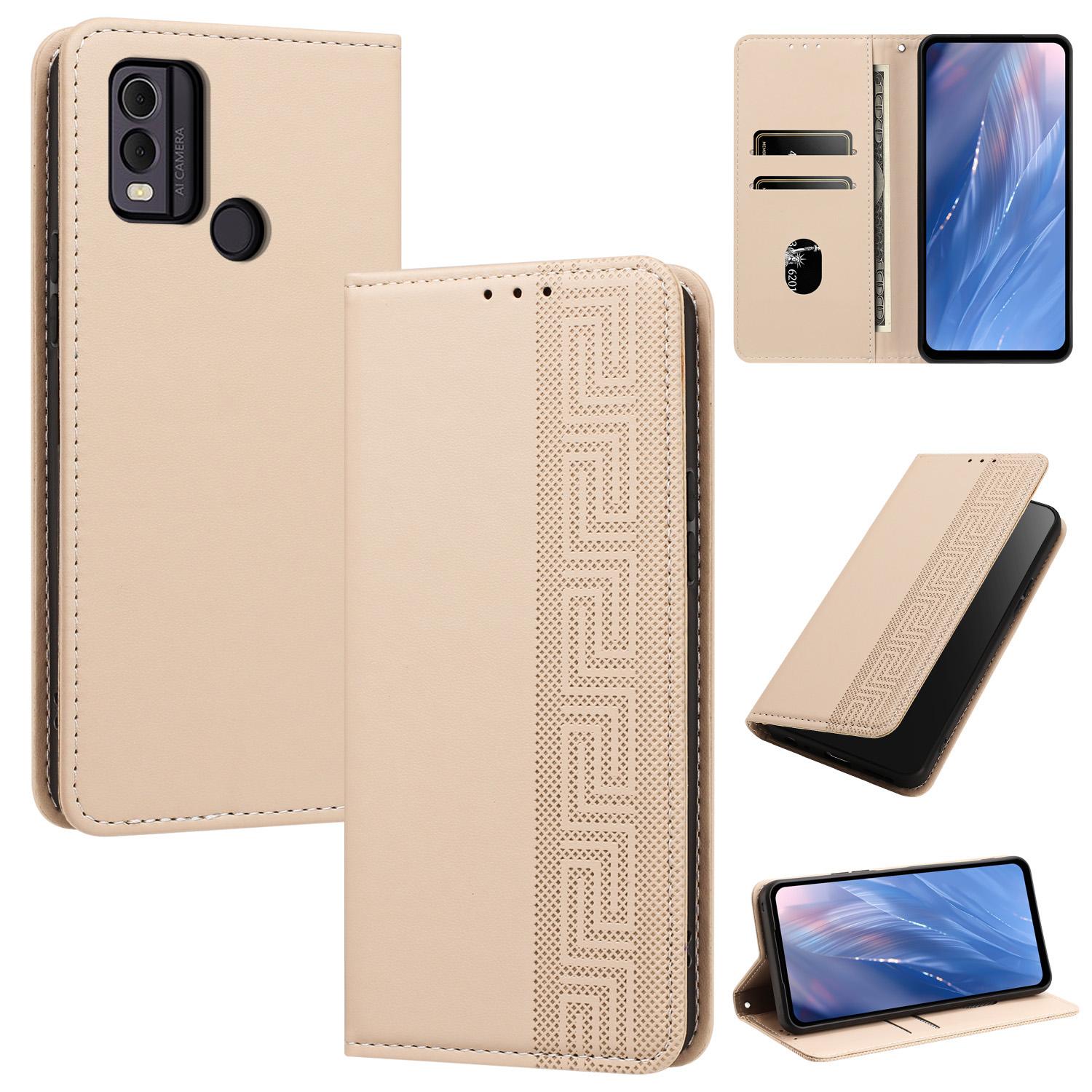 For Nokia C22 Embossed Meander Pattern RFID Vegan Leather Phone Case(Beige) - Shopkiz.com